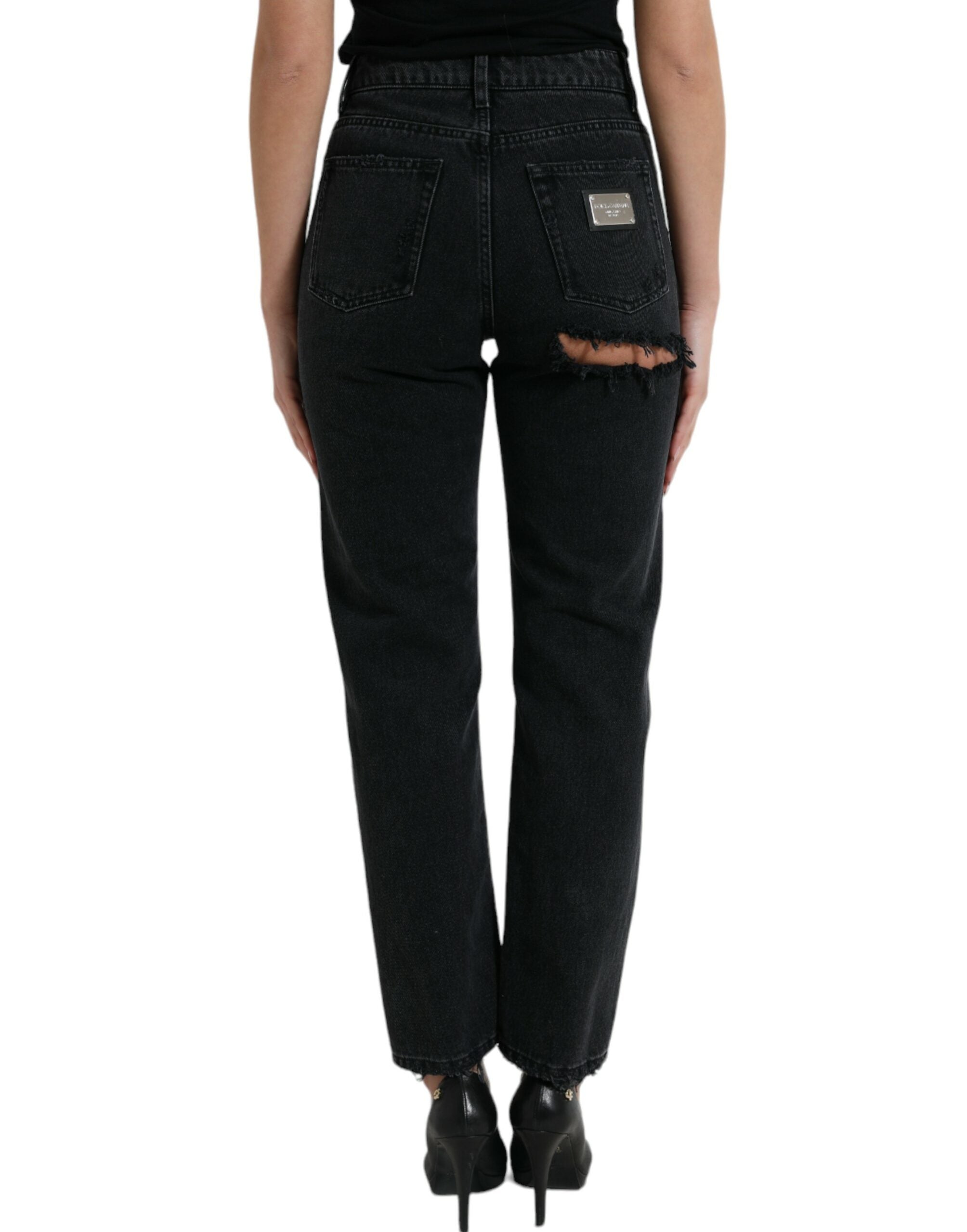 Dolce & Gabbana Black Cotton High Waist Tattered Denim Jeans Dolce & Gabbana