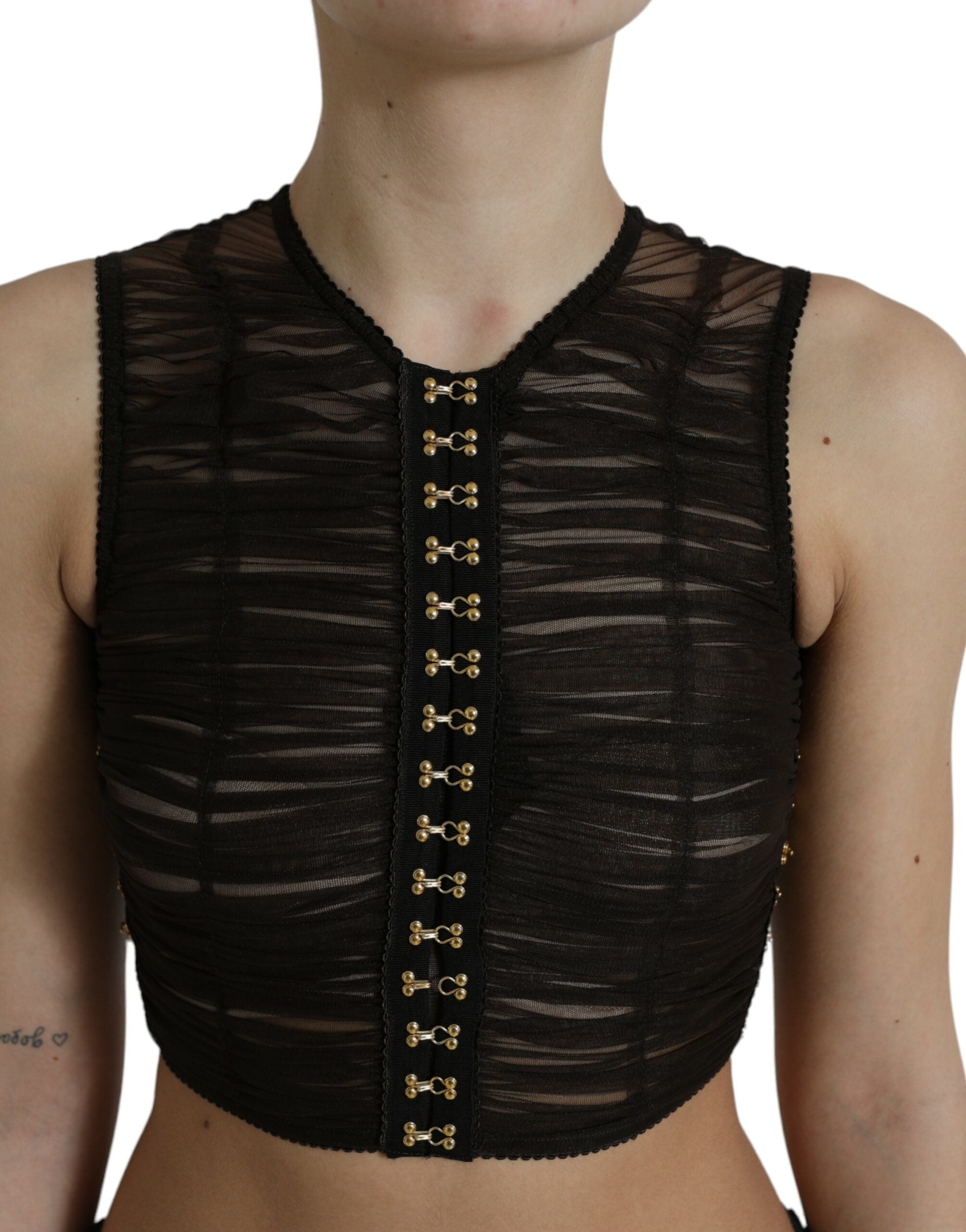 Dolce & Gabbana Brown Embellished Nylon Stretch Cropped Top Dolce & Gabbana