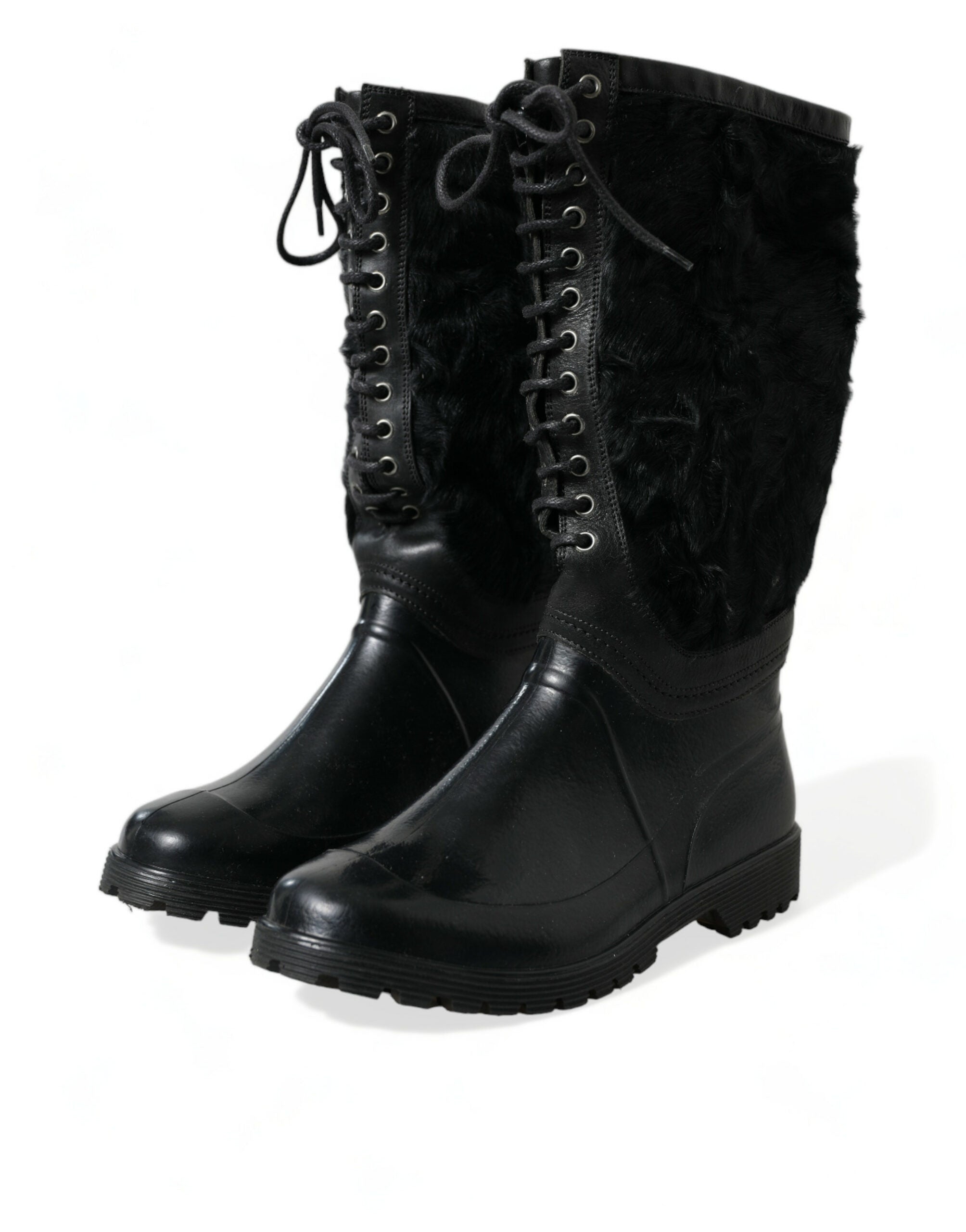 Dolce & Gabbana Black Rubber Lace Up Shearling Rain Boots Shoes Dolce & Gabbana