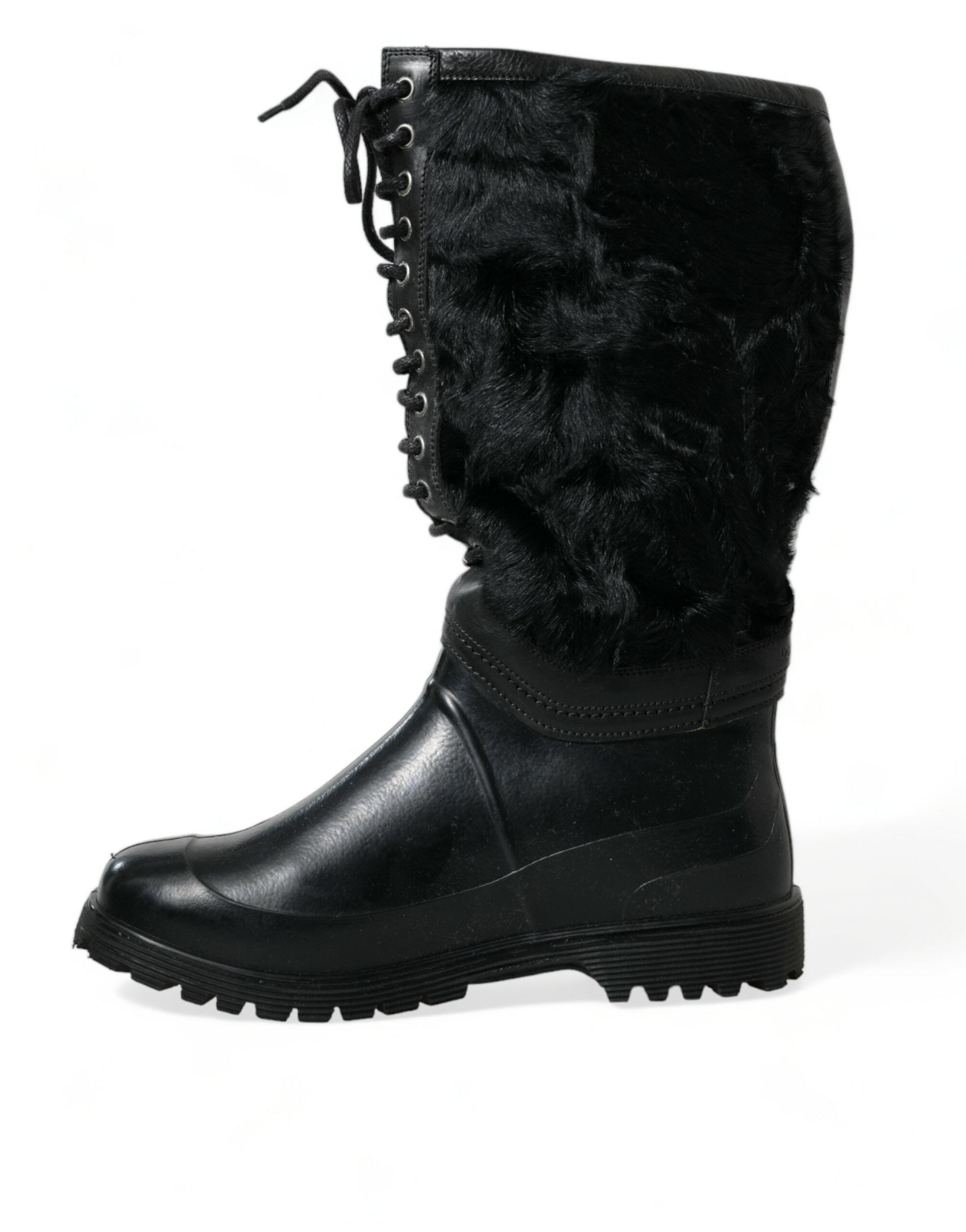 Dolce & Gabbana Black Rubber Lace Up Shearling Rain Boots Shoes Dolce & Gabbana
