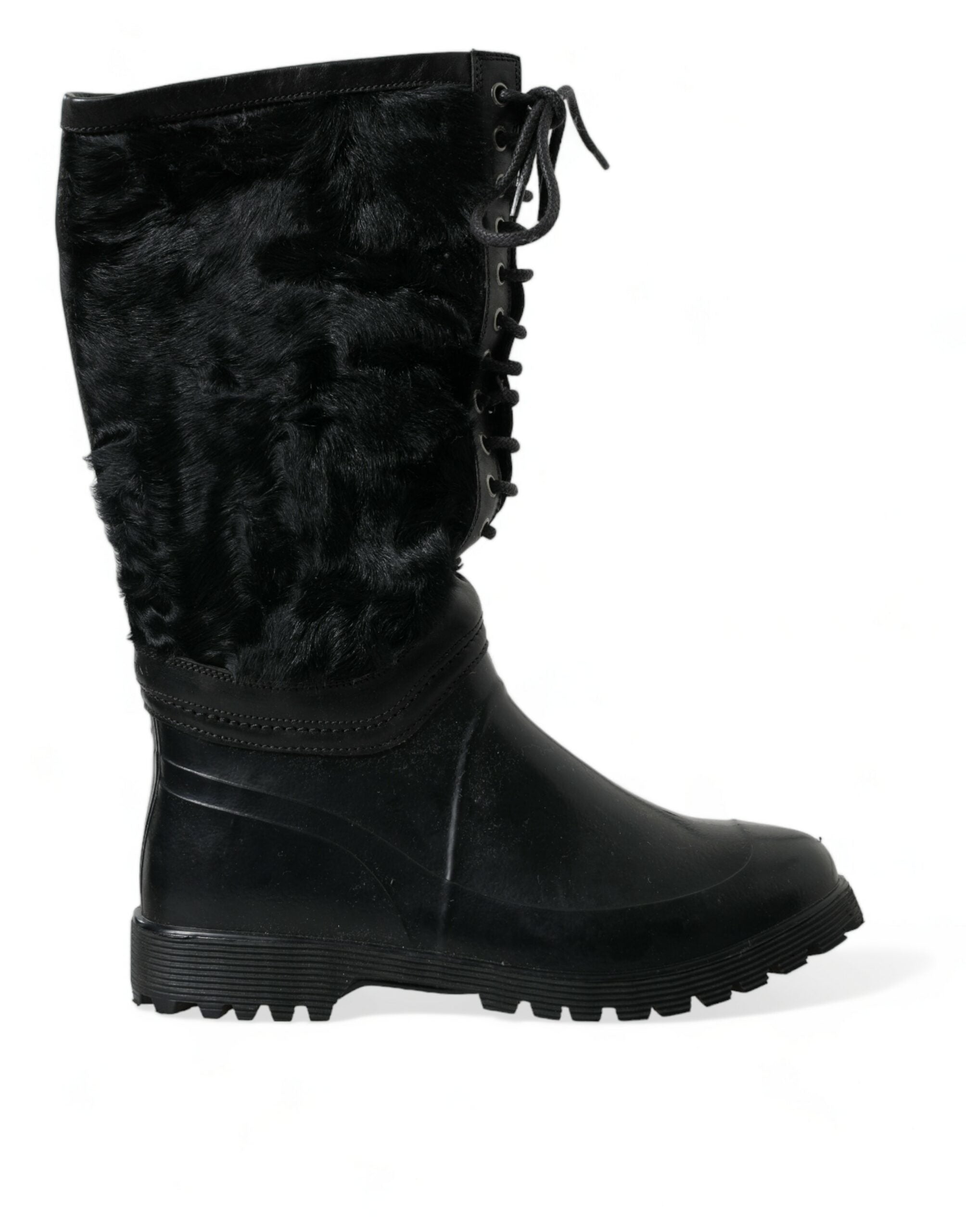 Dolce & Gabbana Black Rubber Lace Up Shearling Rain Boots Shoes Dolce & Gabbana