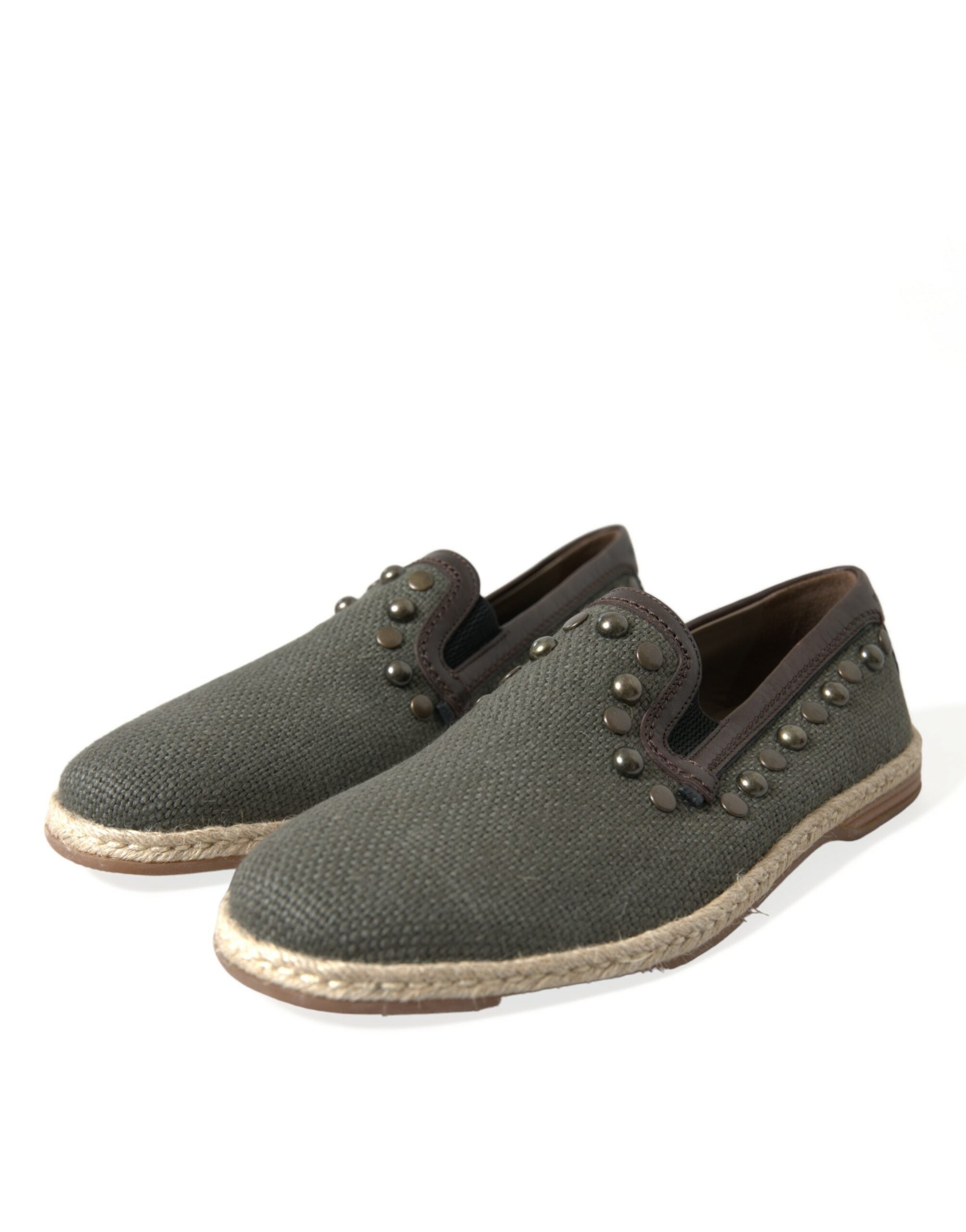 Dolce & Gabbana Gray Linen Leather Studded Loafers Shoes Dolce & Gabbana