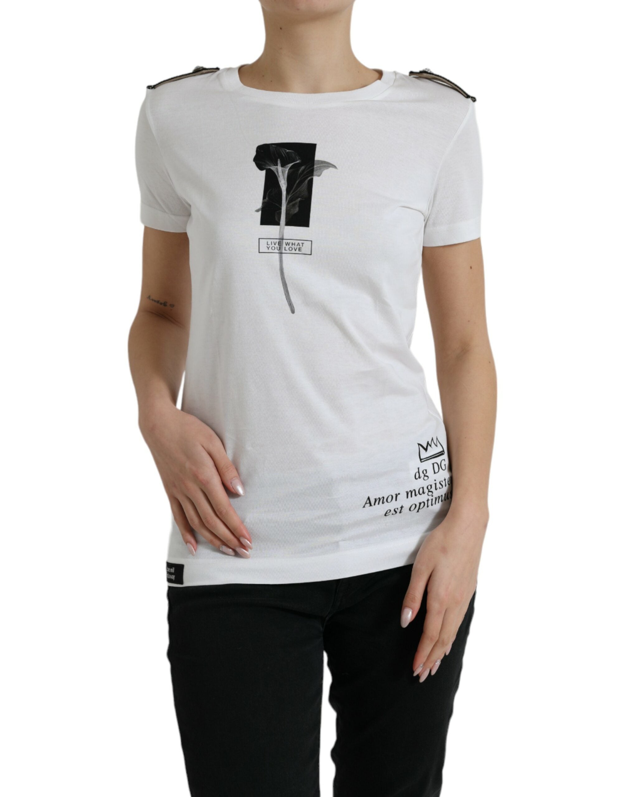 Dolce & Gabbana White Black Roses Crewneck Cotton T-shirt Dolce & Gabbana
