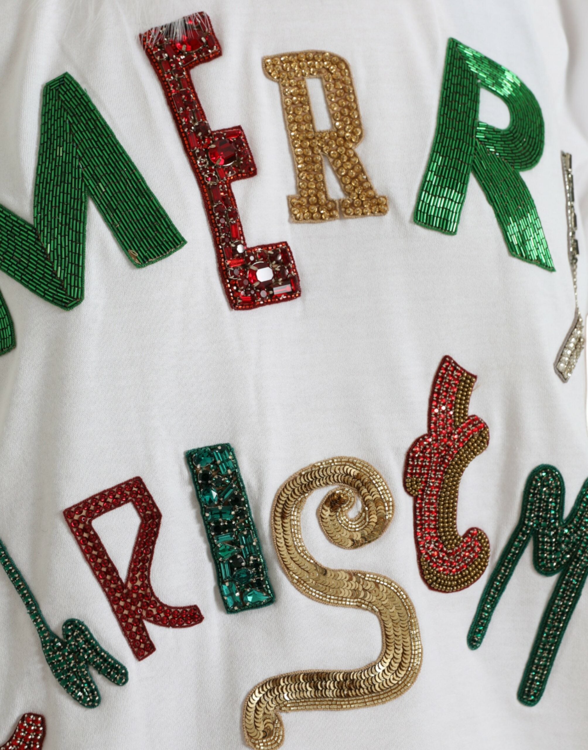 Dolce & Gabbana White Cotton Christmas Sequin Fur T-shirt Dolce & Gabbana