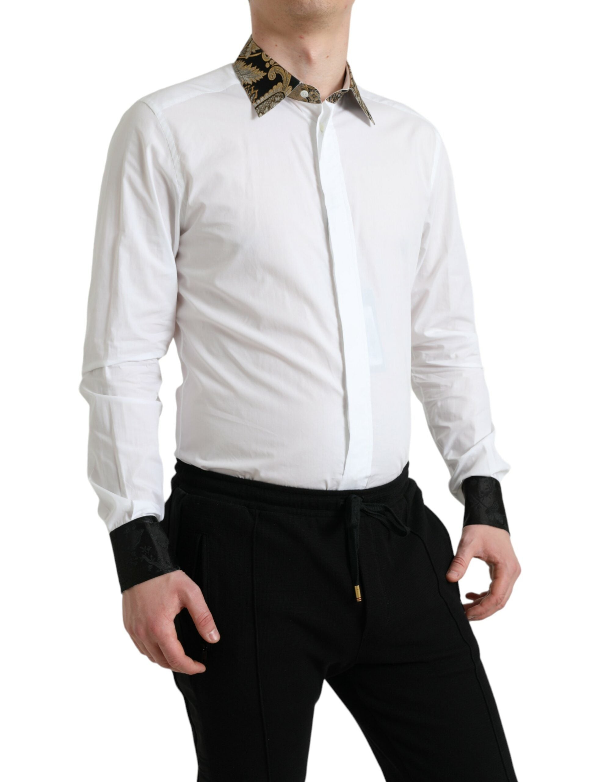 Dolce & Gabbana White Cotton Jacquard Formal GOLD Dress Shirt Dolce & Gabbana