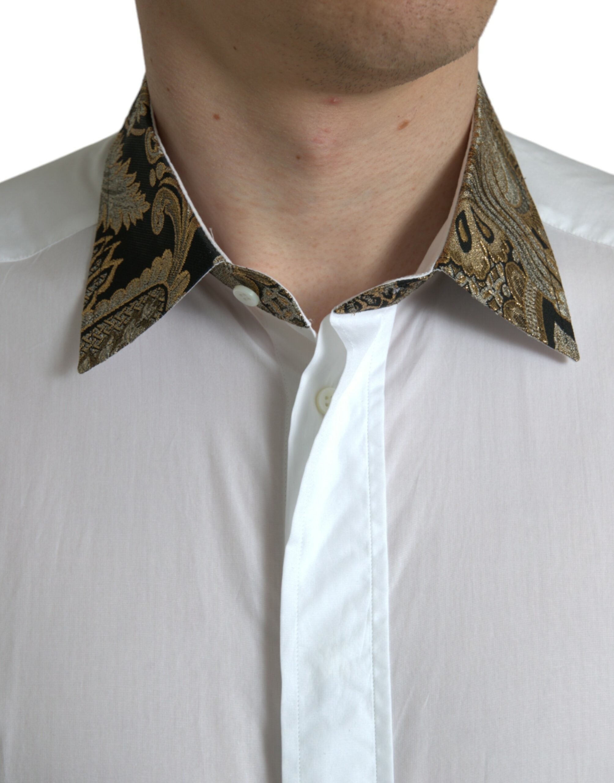 Dolce & Gabbana White Cotton Jacquard Formal GOLD Dress Shirt Dolce & Gabbana