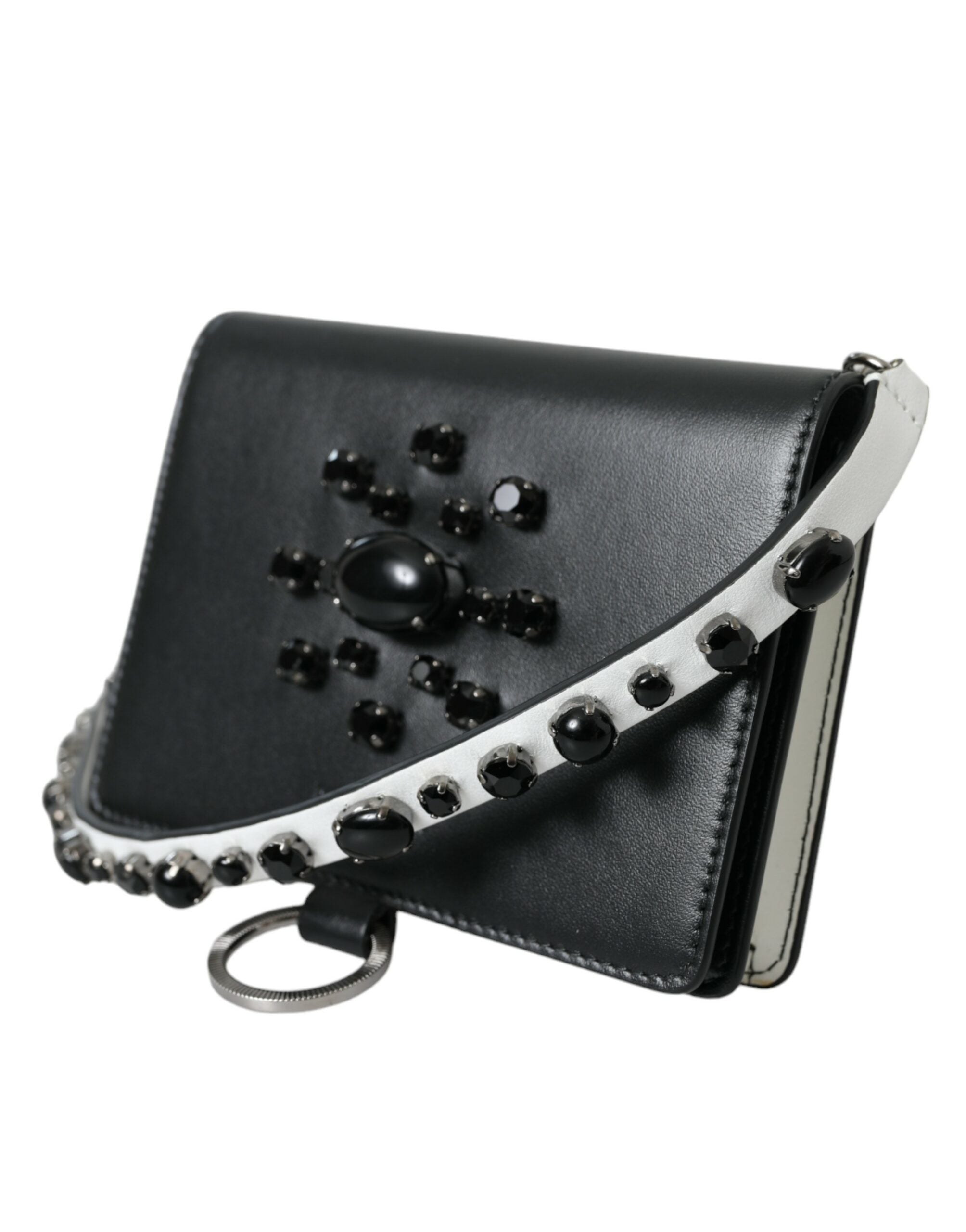 Dolce & Gabbana Black White Leather Crystal Embellished Cardholder Wallet Dolce & Gabbana
