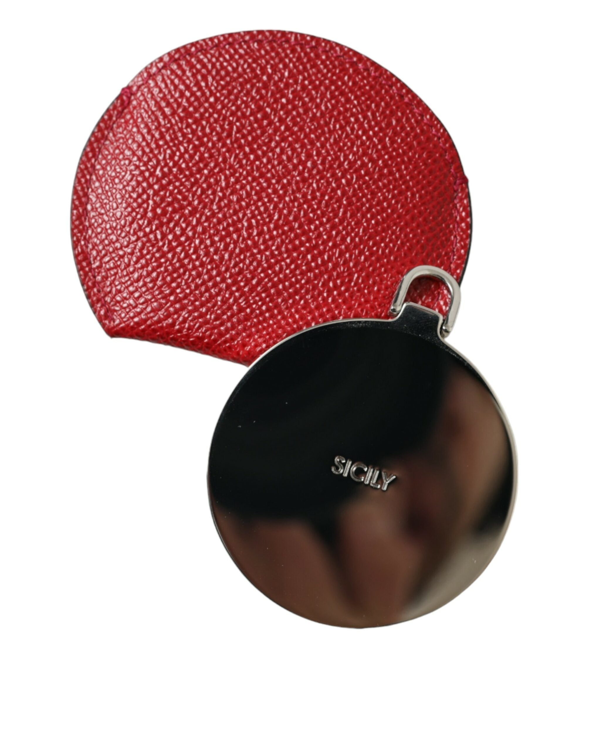 Dolce & Gabbana Red Calfskin Leather Round Logo Hand Mirror Holder Dolce & Gabbana