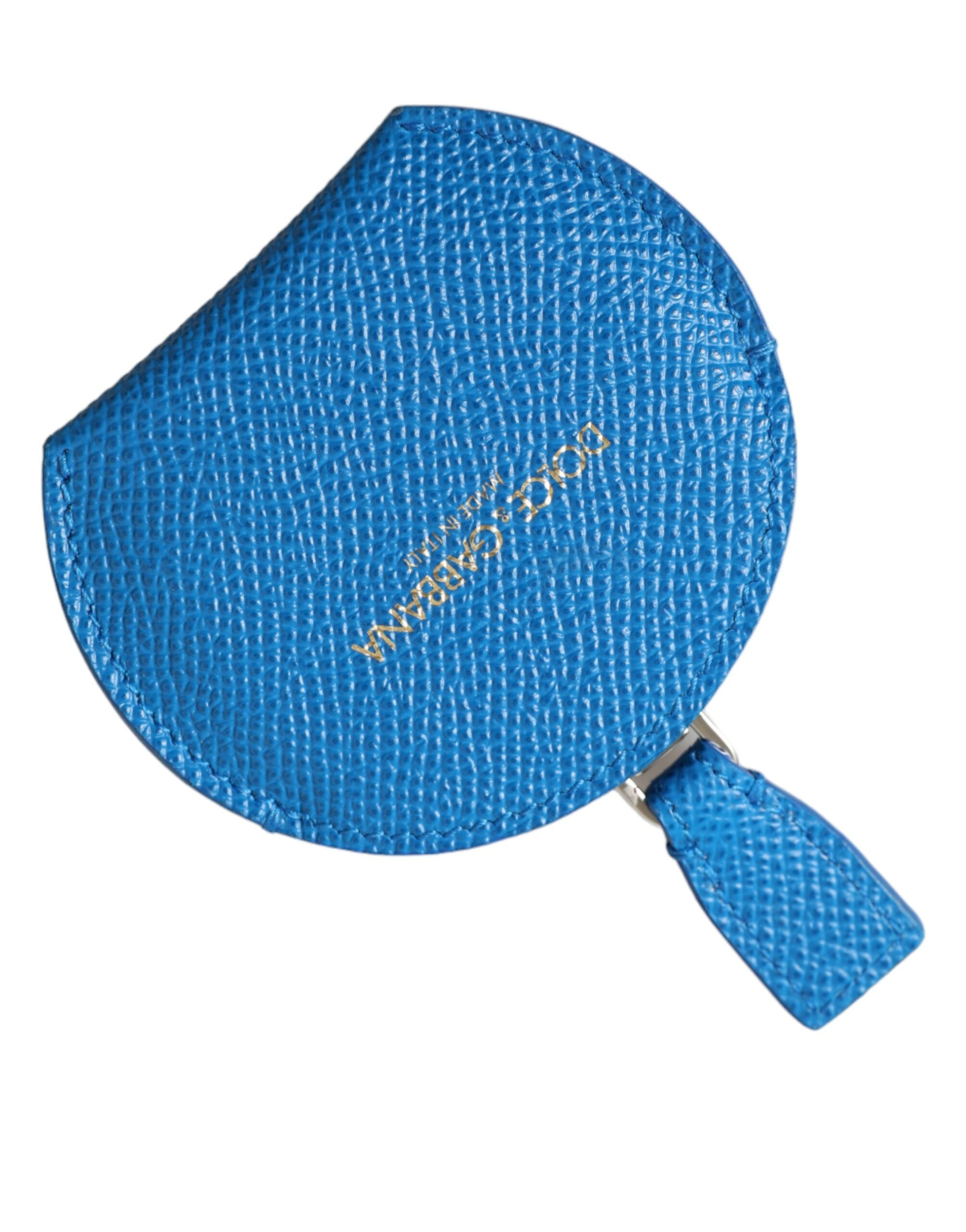 Dolce & Gabbana Blue Calfskin Leather Round Logo Hand Mirror Holder Dolce & Gabbana