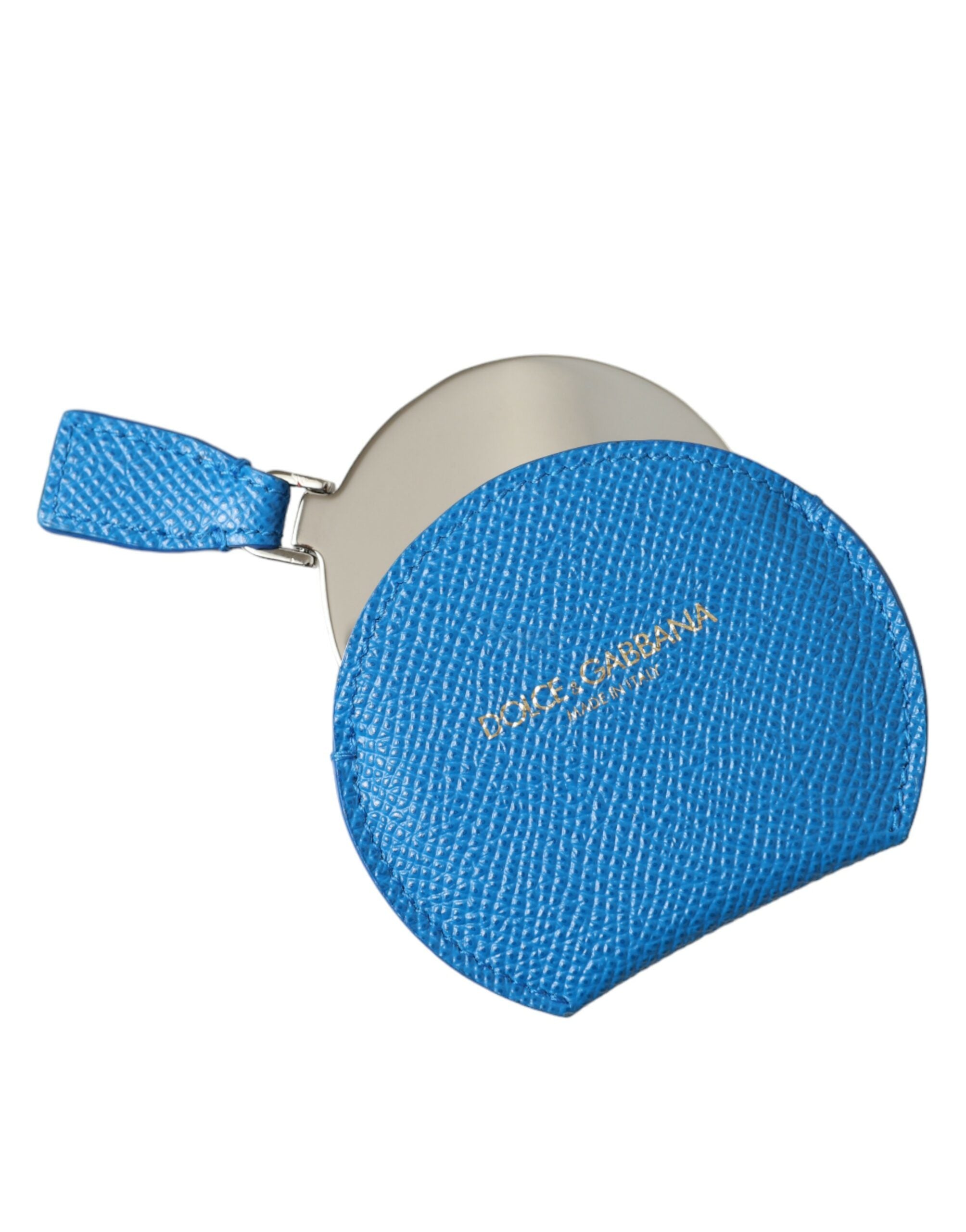 Dolce & Gabbana Blue Calfskin Leather Round Logo Hand Mirror Holder Dolce & Gabbana