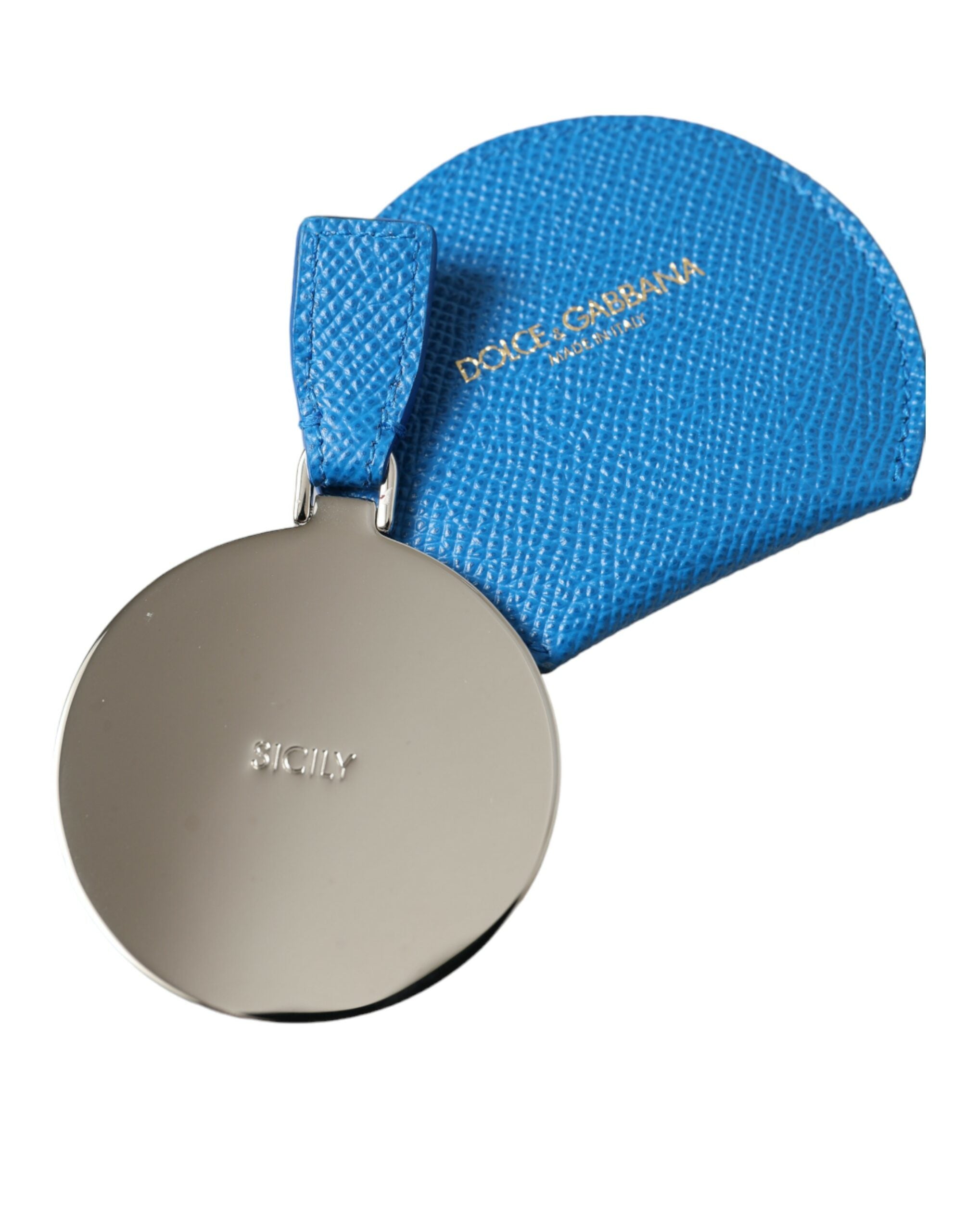 Dolce & Gabbana Blue Calfskin Leather Round Logo Hand Mirror Holder Dolce & Gabbana