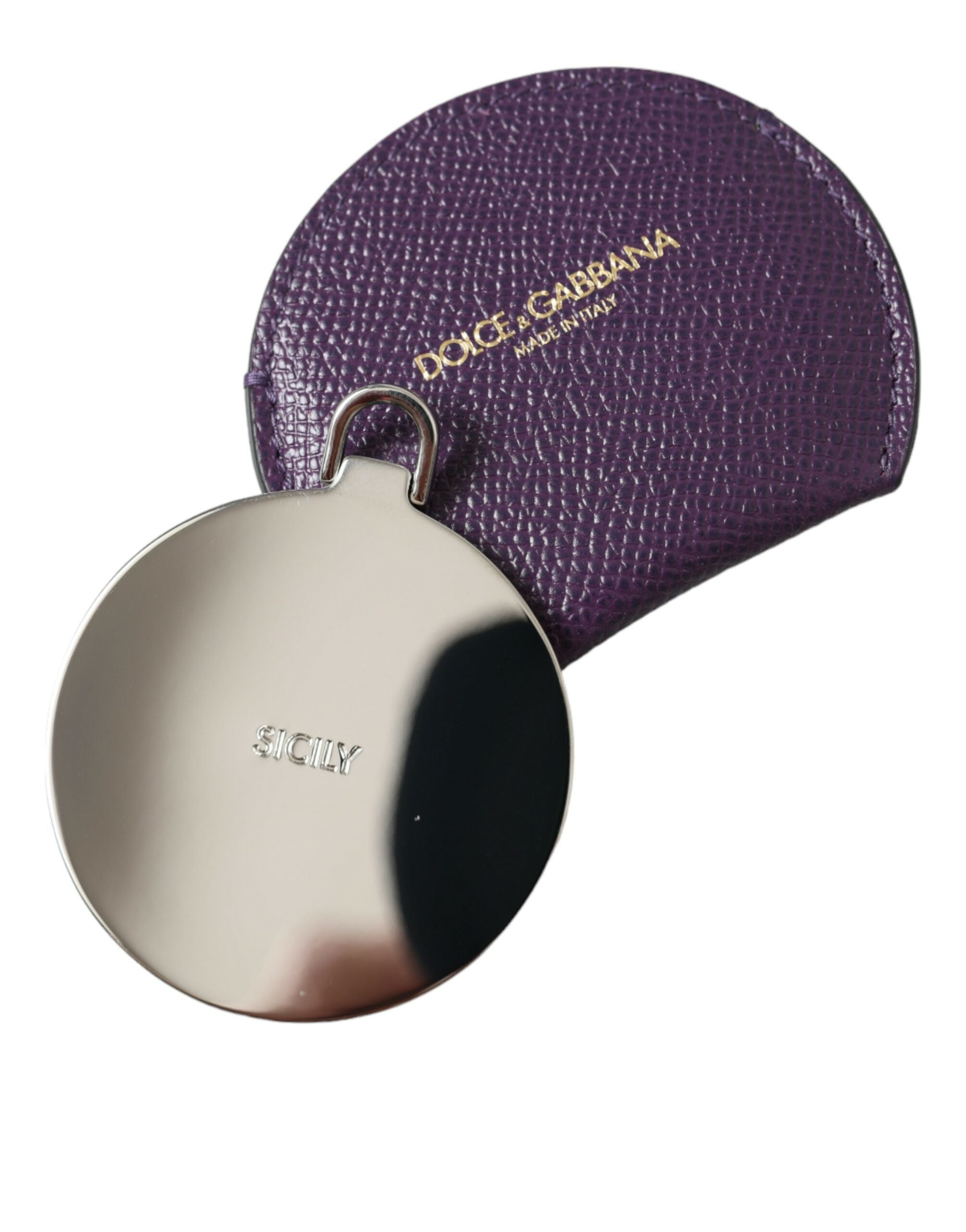Dolce & Gabbana Purple Calfskin Leather Round Logo Hand Mirror Holder Dolce & Gabbana