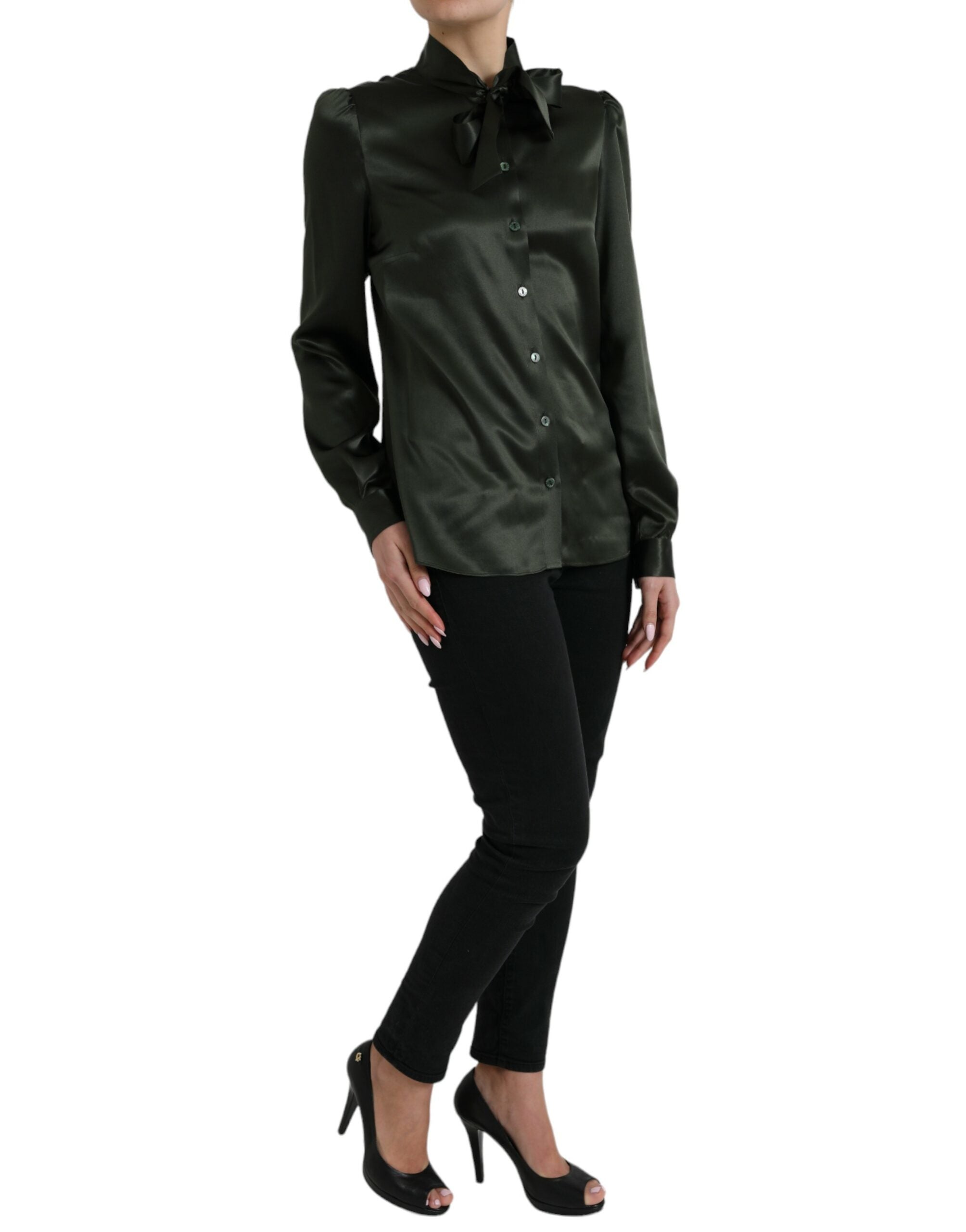 Dolce & Gabbana Gray Long Sleeves Ascot Collar Blouse Top Dolce & Gabbana