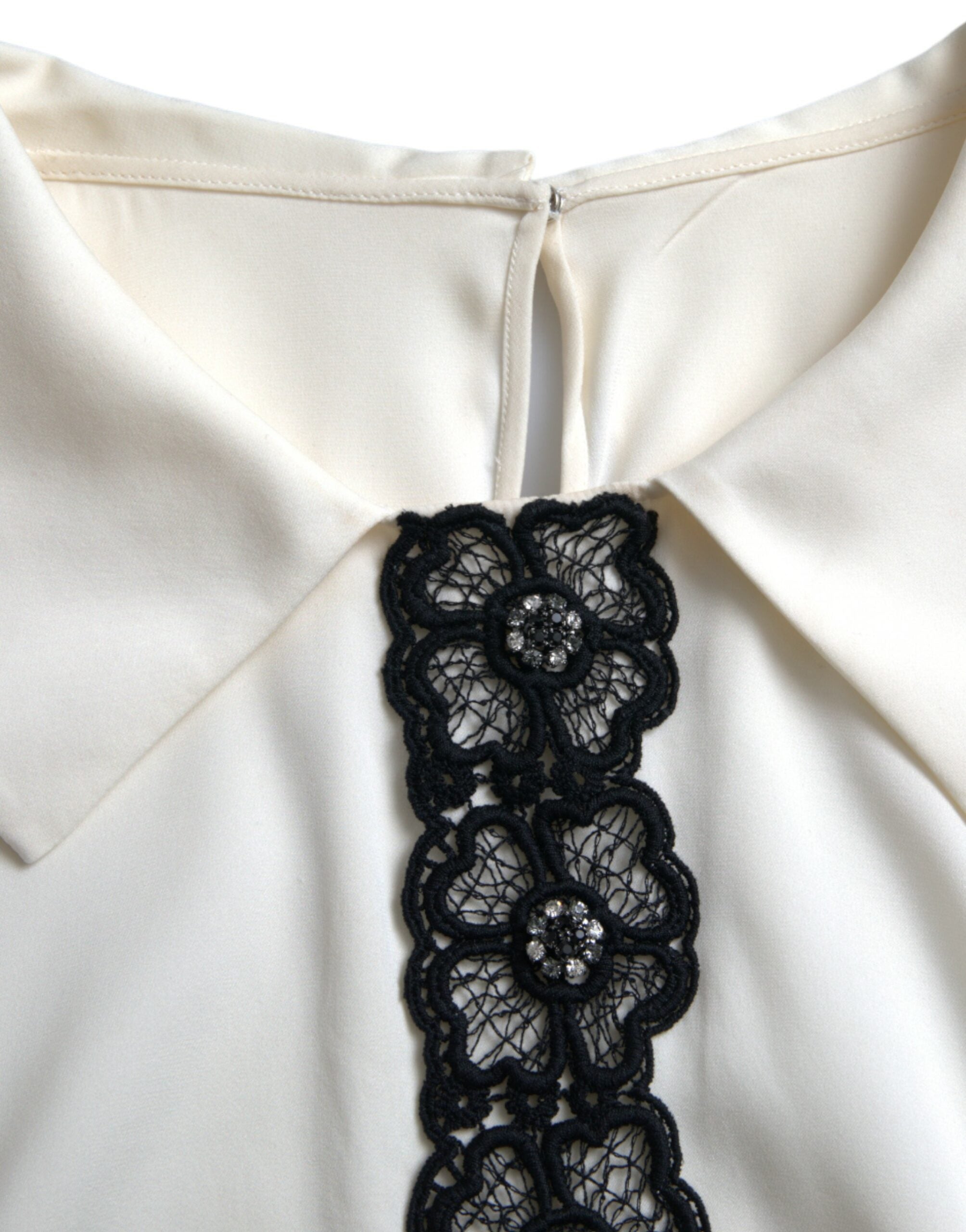 Dolce & Gabbana Off White Silk Lace Trim Short Sleeves Top Dolce & Gabbana