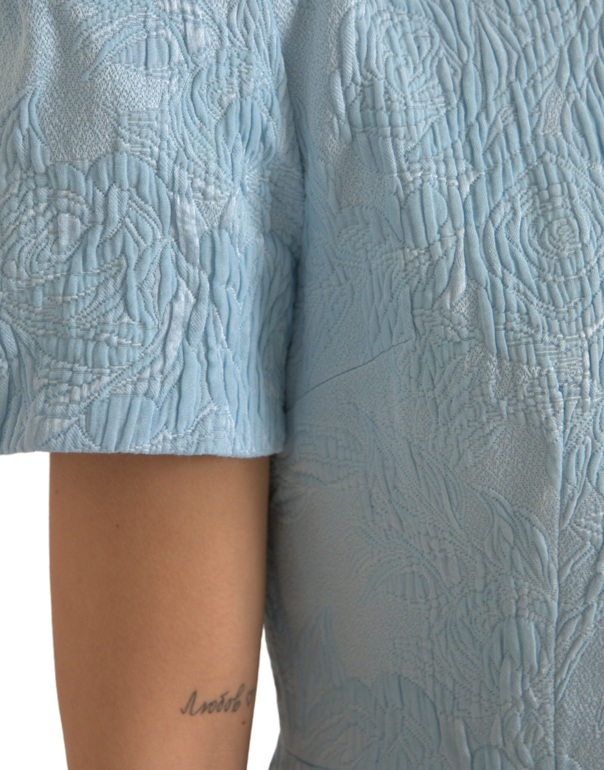 Dolce & Gabbana Light Blue Floral Jacquard Puff Sleeve Mini Dress Dolce & Gabbana