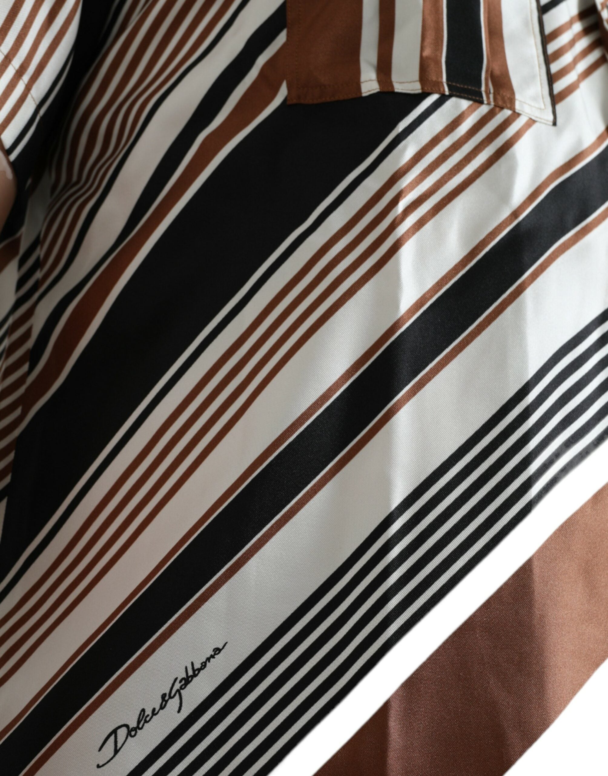 Dolce & Gabbana Brown White Silk Striped Short Sleeve Shirt Dolce & Gabbana