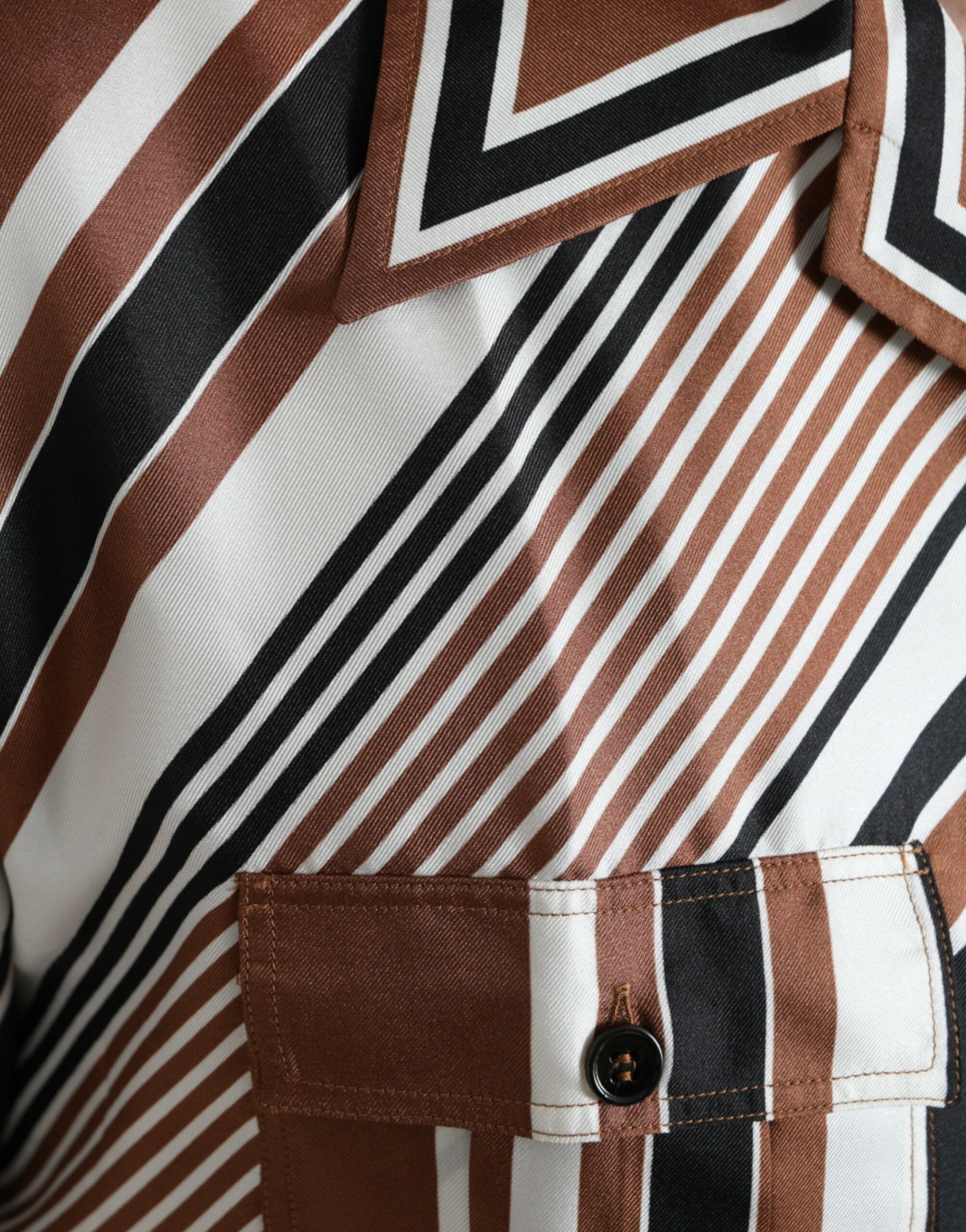 Dolce & Gabbana Brown White Silk Striped Short Sleeve Shirt Dolce & Gabbana