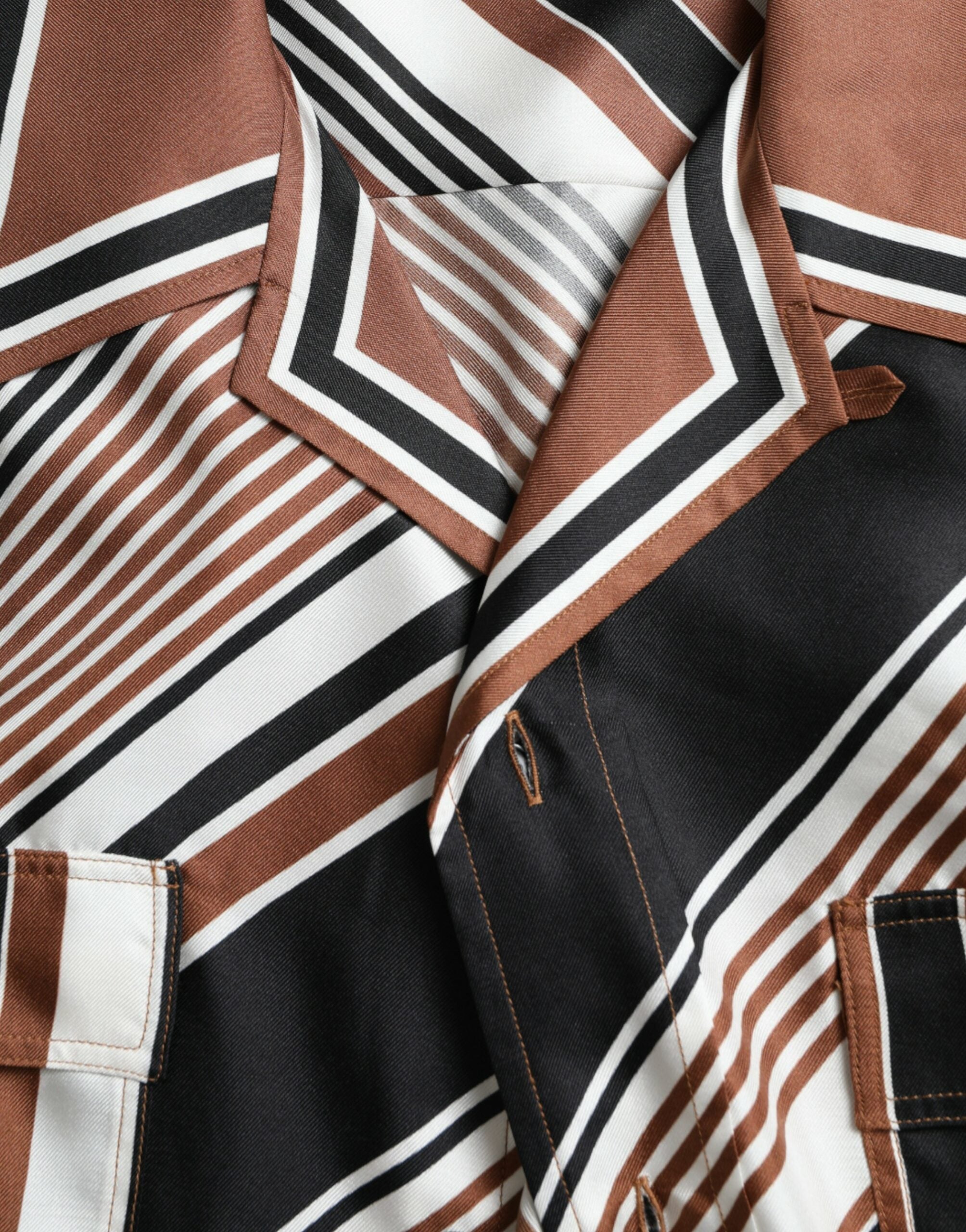 Dolce & Gabbana Brown White Silk Striped Short Sleeve Shirt Dolce & Gabbana