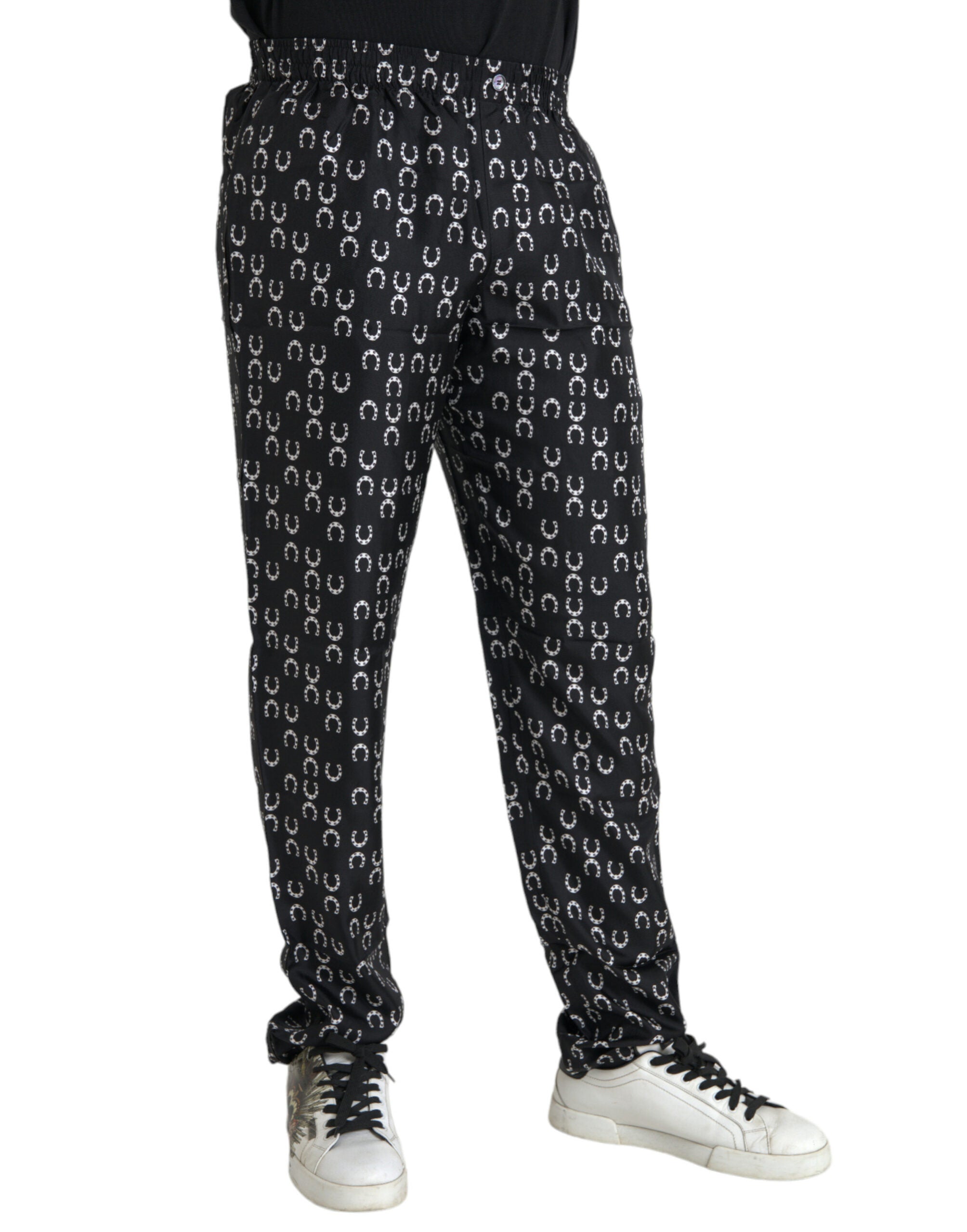 Dolce & Gabbana Black Horseshoe Print Silk Pants Dolce & Gabbana