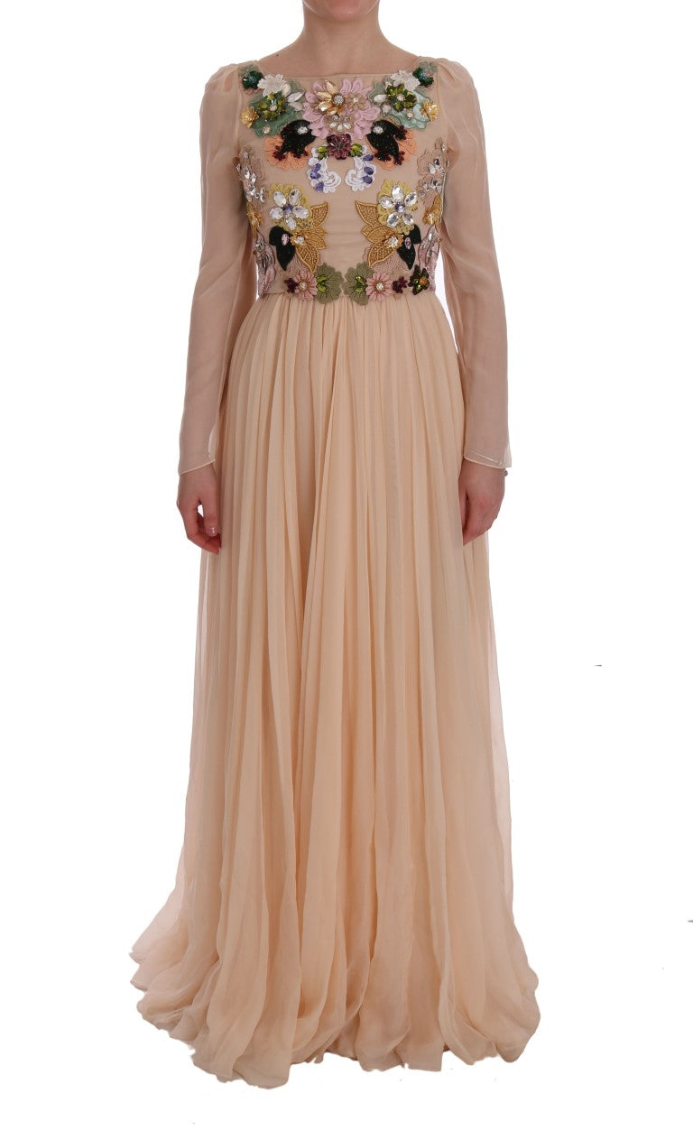Dolce & Gabbana Pink Silk Floral Crystal Maxi Gown Dress Dolce & Gabbana