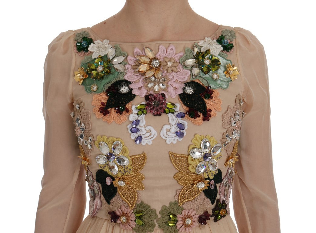 Dolce & Gabbana Pink Silk Floral Crystal Maxi Gown Dress Dolce & Gabbana