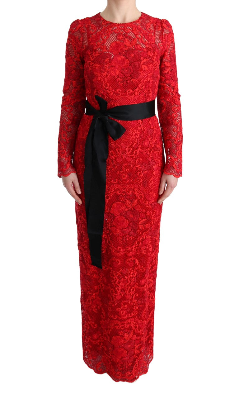 Dolce & Gabbana Red Floral Ricamo Sheath Long Dress Dolce & Gabbana