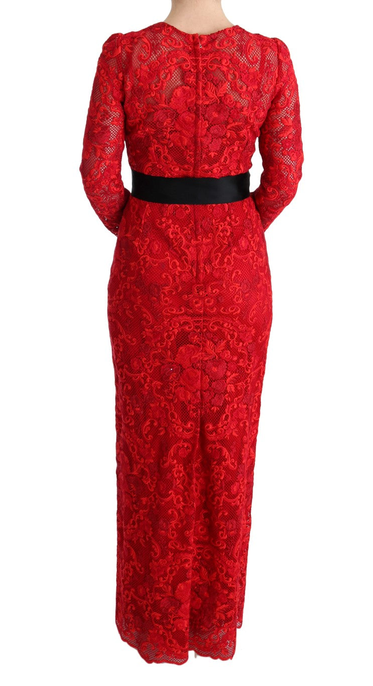 Dolce & Gabbana Red Floral Ricamo Sheath Long Dress Dolce & Gabbana