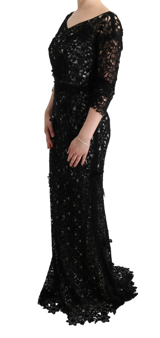 Dolce & Gabbana Black Cotton Silk Floral Long Dress Dolce & Gabbana