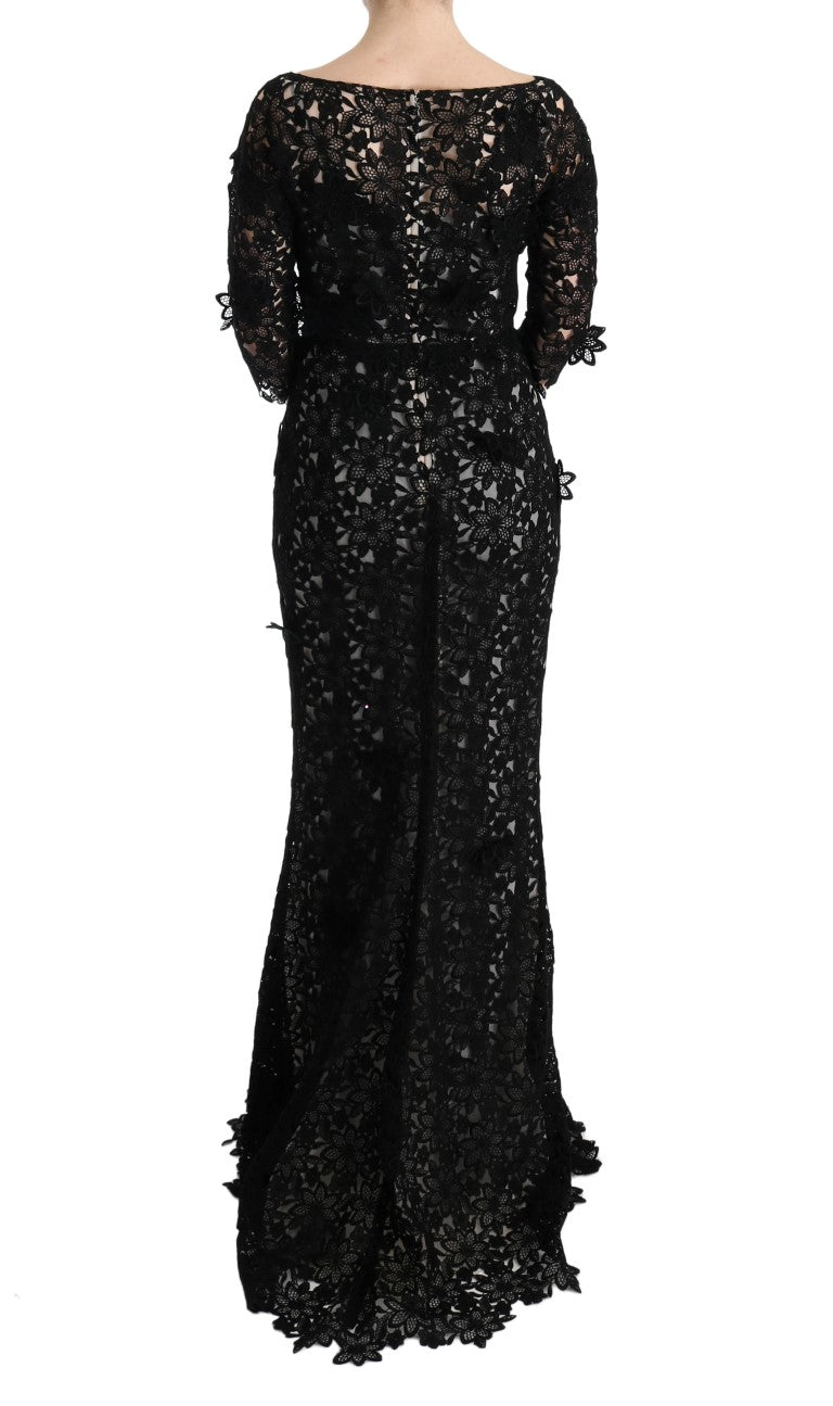 Dolce & Gabbana Black Cotton Silk Floral Long Dress Dolce & Gabbana