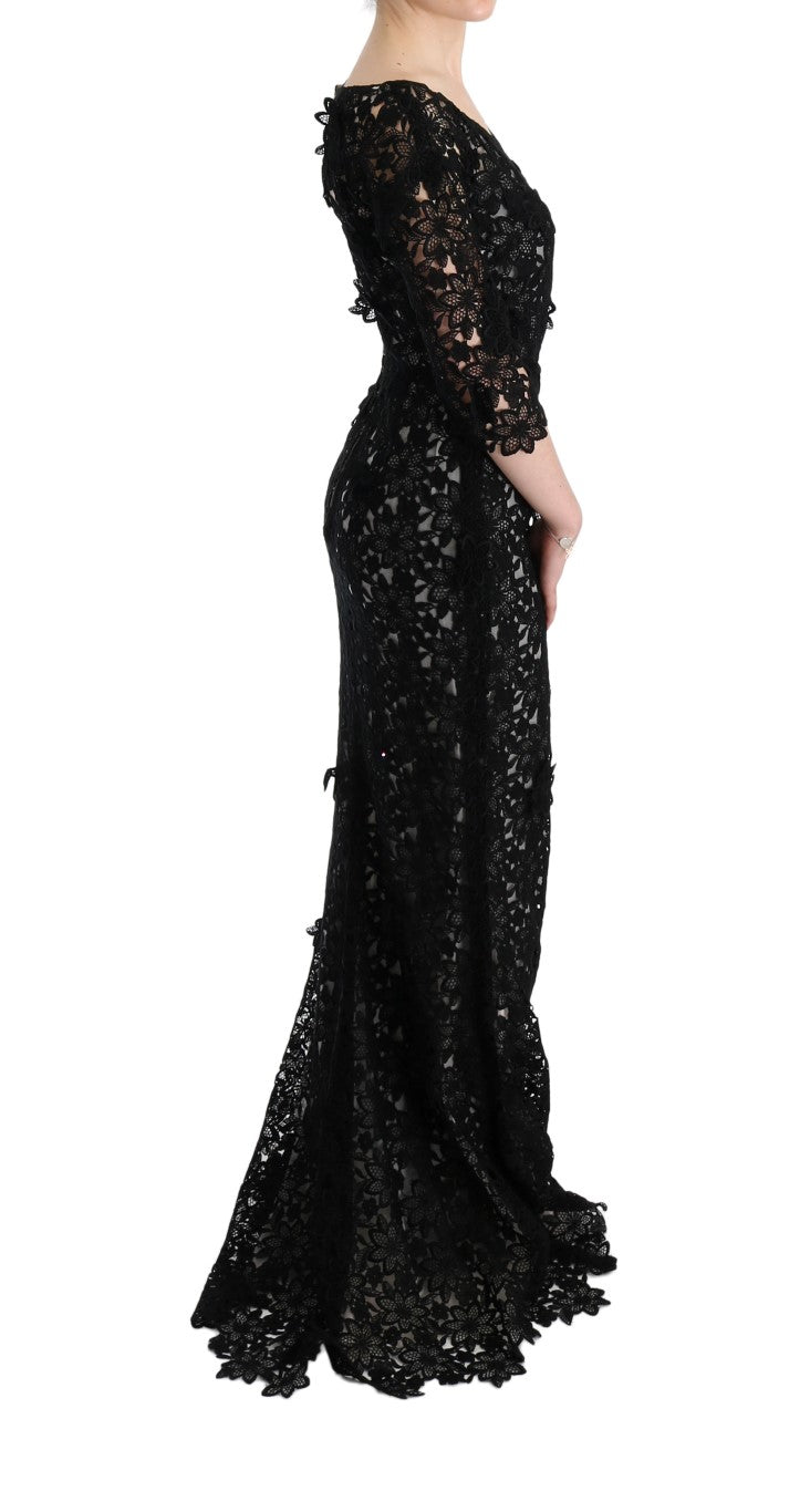 Dolce & Gabbana Black Cotton Silk Floral Long Dress Dolce & Gabbana