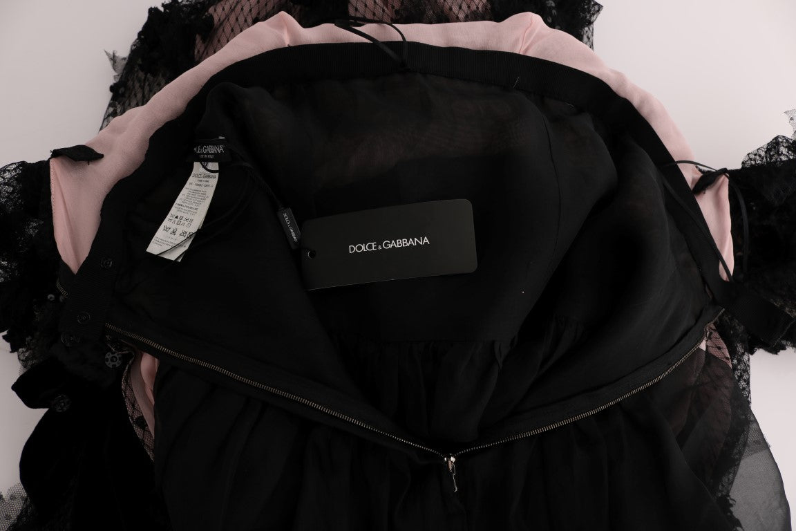 Dolce & Gabbana Black Pink Silk Applique Shift Dress Dolce & Gabbana