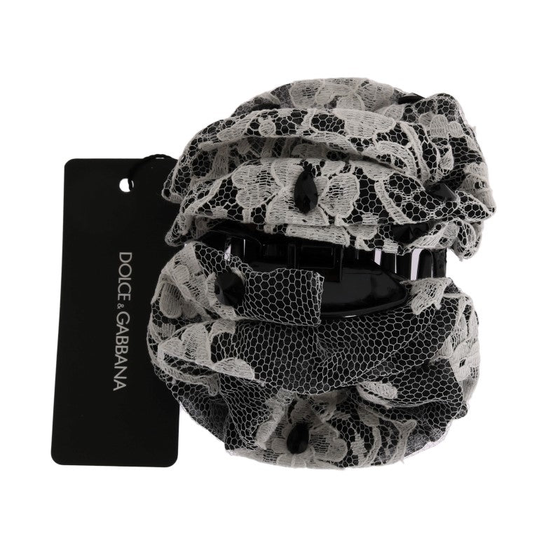 Dolce & Gabbana Black White Floral Lace Crystal Hair Claw Dolce & Gabbana