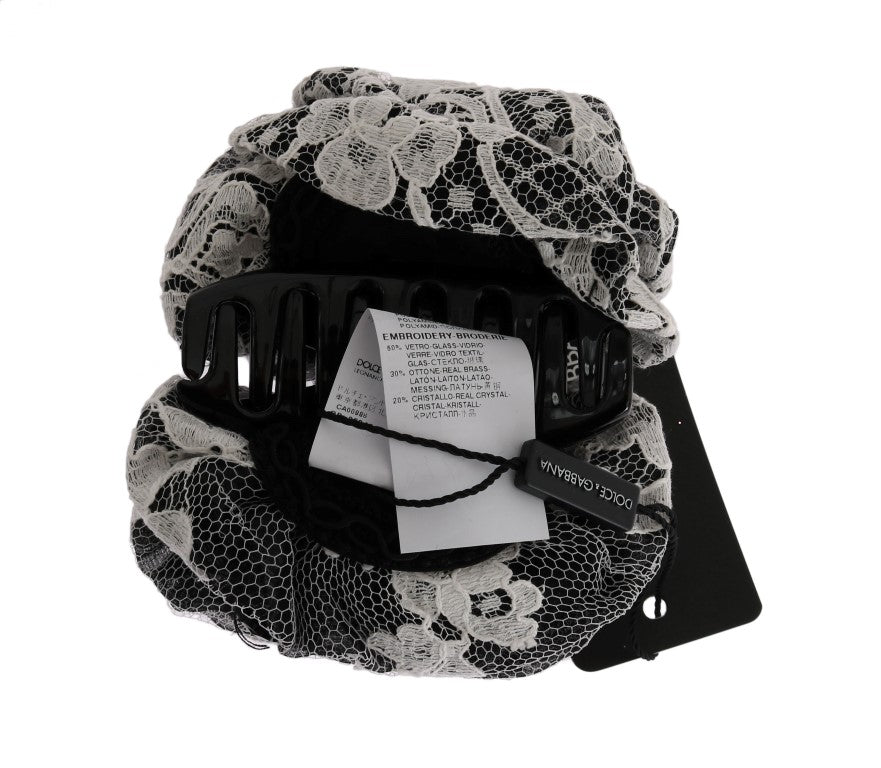 Dolce & Gabbana Black White Floral Lace Crystal Hair Claw Dolce & Gabbana