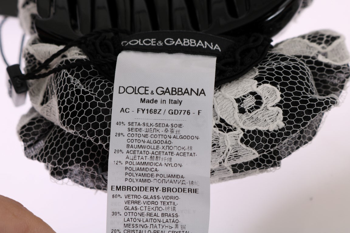 Dolce & Gabbana Black White Floral Lace Crystal Hair Claw Dolce & Gabbana