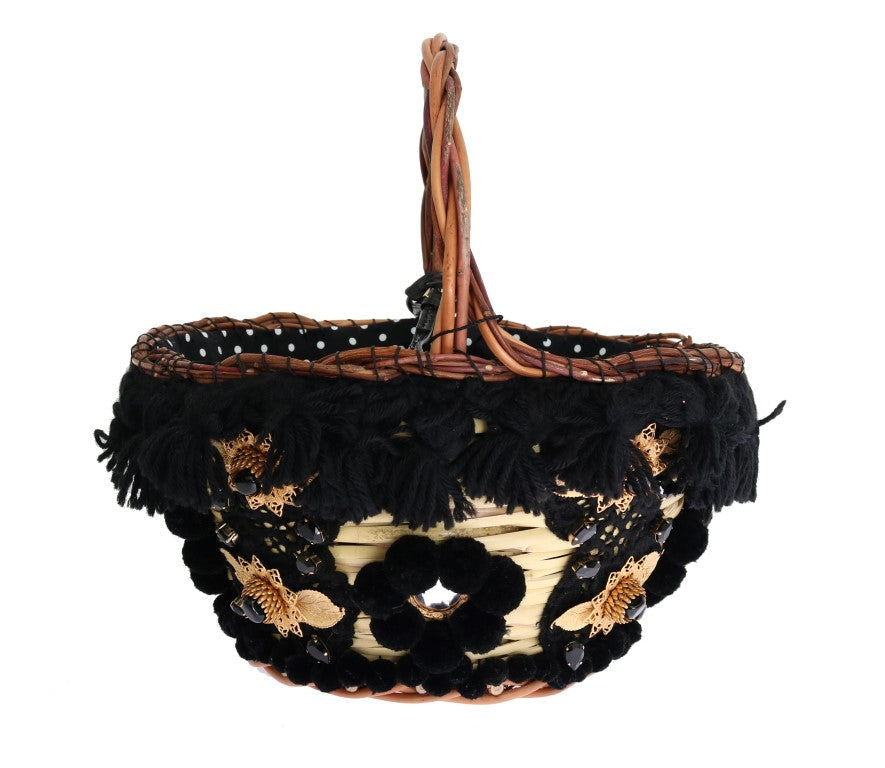Dolce & Gabbana Beige Straw Snakeskin Pom Pom Crystal AGNESE Bag Dolce & Gabbana