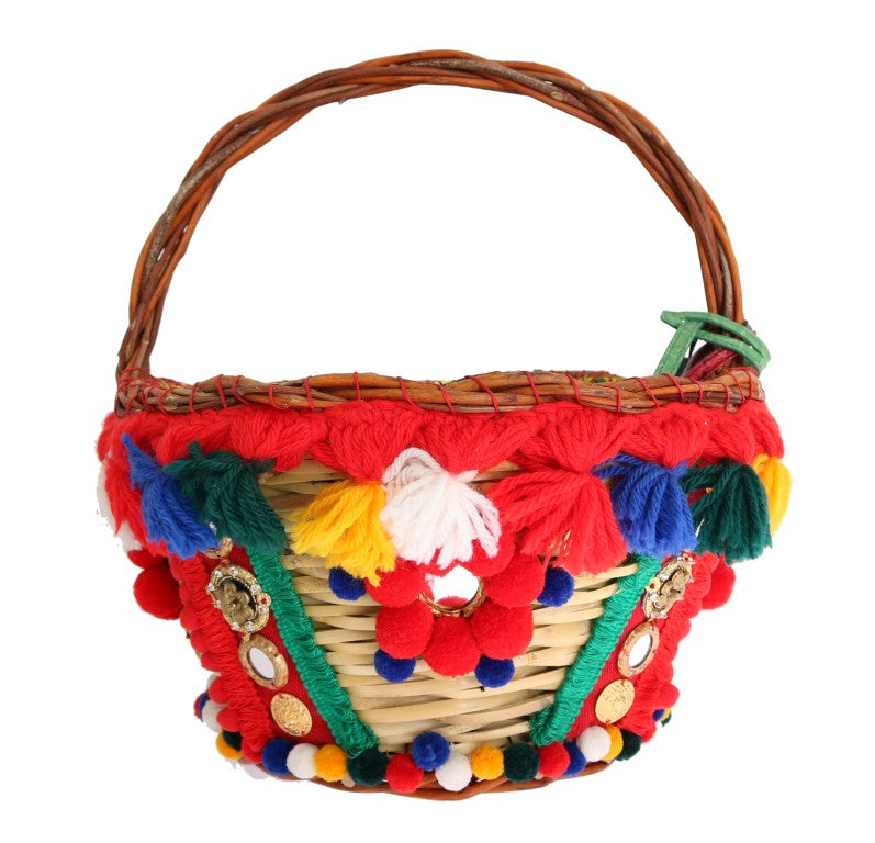 Dolce & Gabbana Multicolor AGNESE Straw Crystal  Pom Pom Bag Dolce & Gabbana