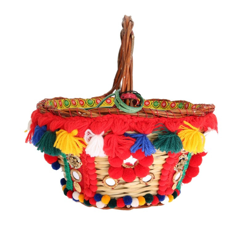 Dolce & Gabbana Multicolor AGNESE Straw Crystal  Pom Pom Bag Dolce & Gabbana
