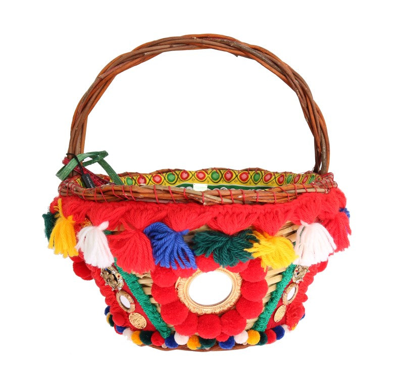 Dolce & Gabbana Multicolor AGNESE Straw Crystal  Pom Pom Bag Dolce & Gabbana