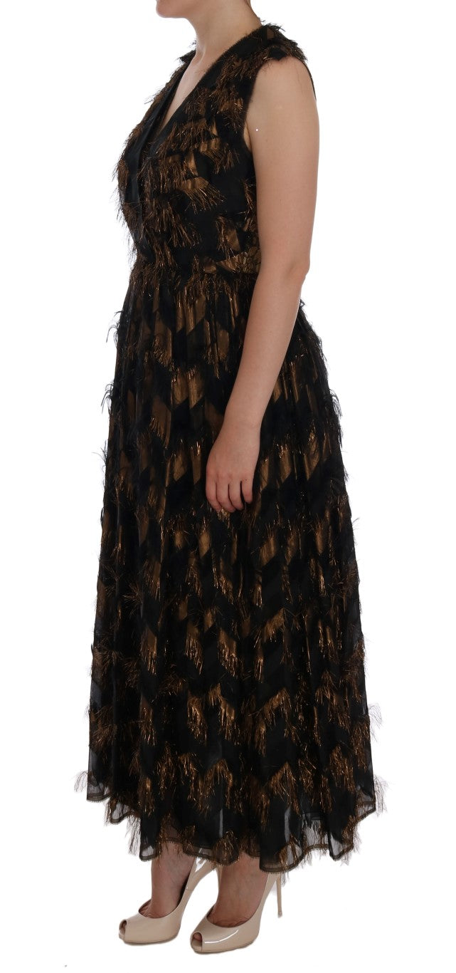 Dolce & Gabbana Black Silk Brown Fringes A-Line Dress Dolce & Gabbana