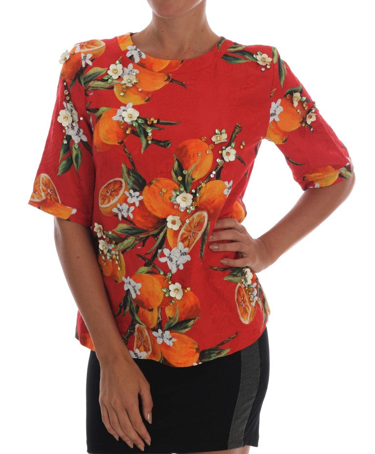 Dolce & Gabbana Orange Print Crystal-Embellished Blouse Dolce & Gabbana
