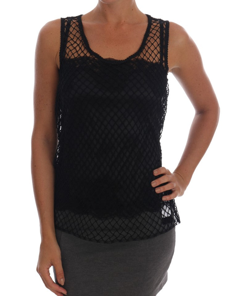 Dolce & Gabbana Black Silk Mesh Floral Lace Top Dolce & Gabbana