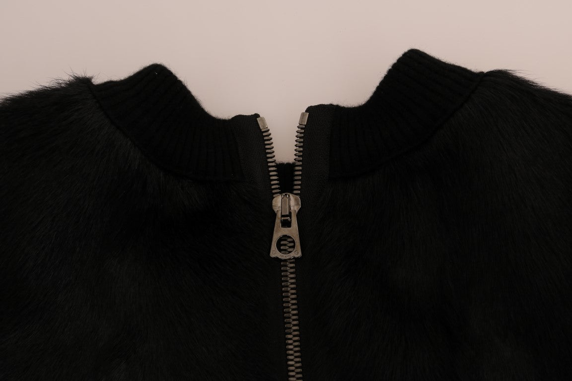 Dolce & Gabbana Black Fur Floral Brocade Zipper Sweater Dolce & Gabbana