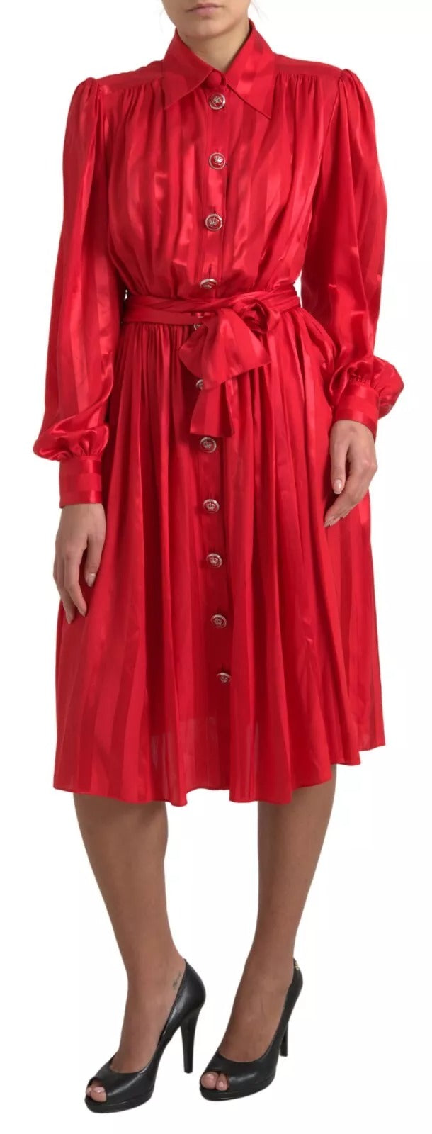 Dolce & Gabbana Red Button Down Belted Midi Satin Silk Dress Dolce & Gabbana