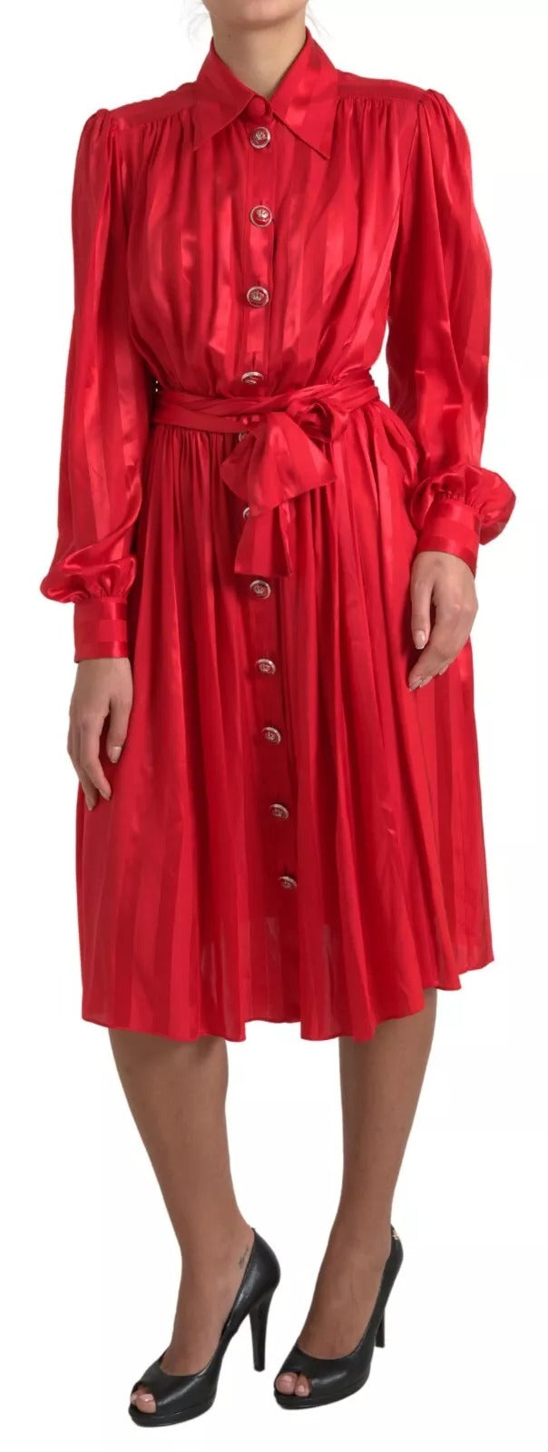 Dolce & Gabbana Red Button Down Belted Midi Satin Silk Dress Dolce & Gabbana