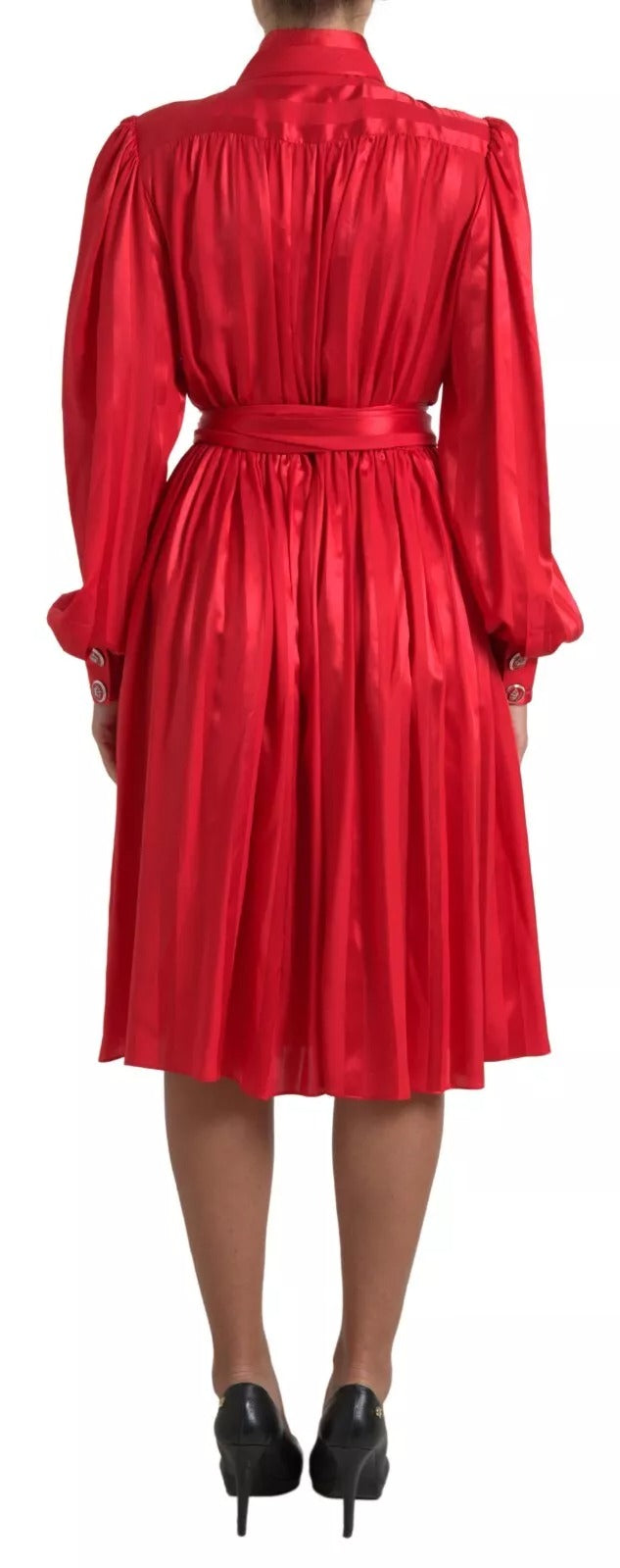 Dolce & Gabbana Red Button Down Belted Midi Satin Silk Dress Dolce & Gabbana