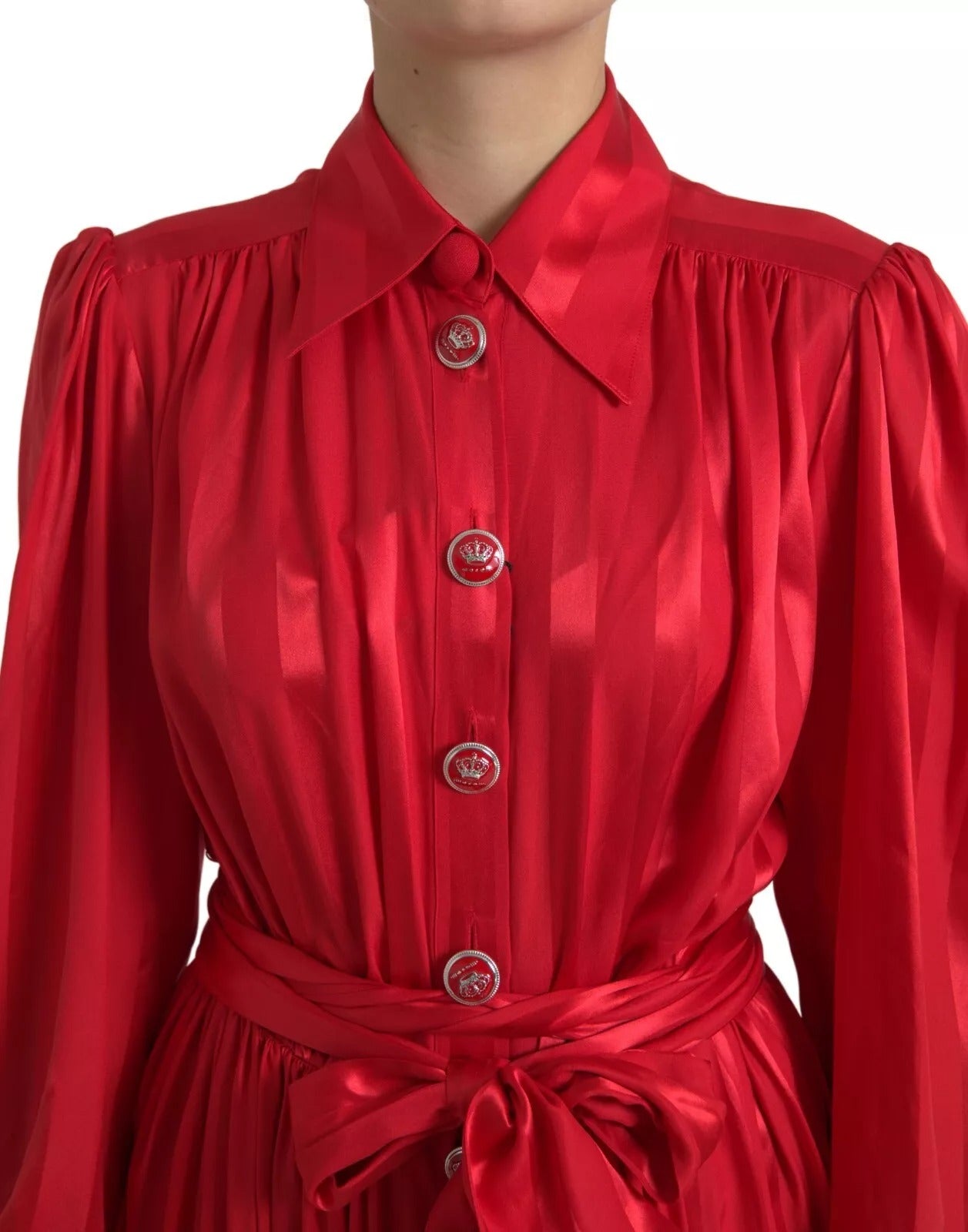 Dolce & Gabbana Red Button Down Belted Midi Satin Silk Dress Dolce & Gabbana