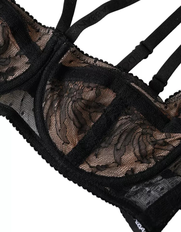 Dolce & Gabbana Black Floral Lace Nylon Balconcino Bra Underwear Dolce & Gabbana