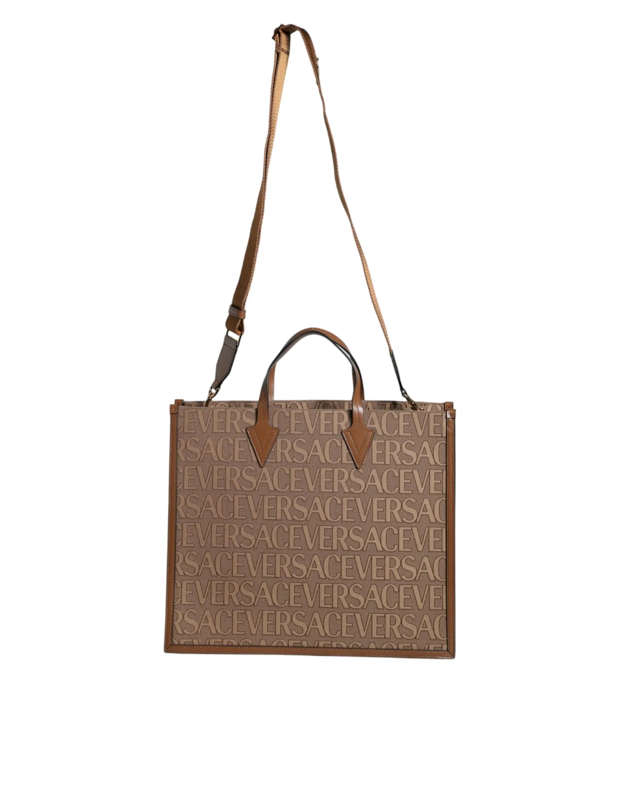 Versace Brown Top Handle Jacquard Leather Logo Crossbody Tote Bag Versace