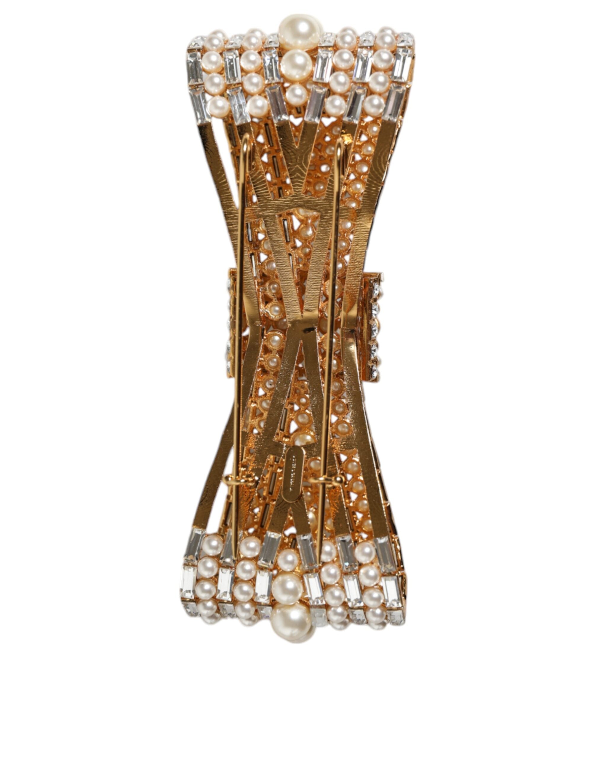 Dolce & Gabbana Gold Tone Brass Bow Crystal FauxPearl Embellished Brooch Dolce & Gabbana