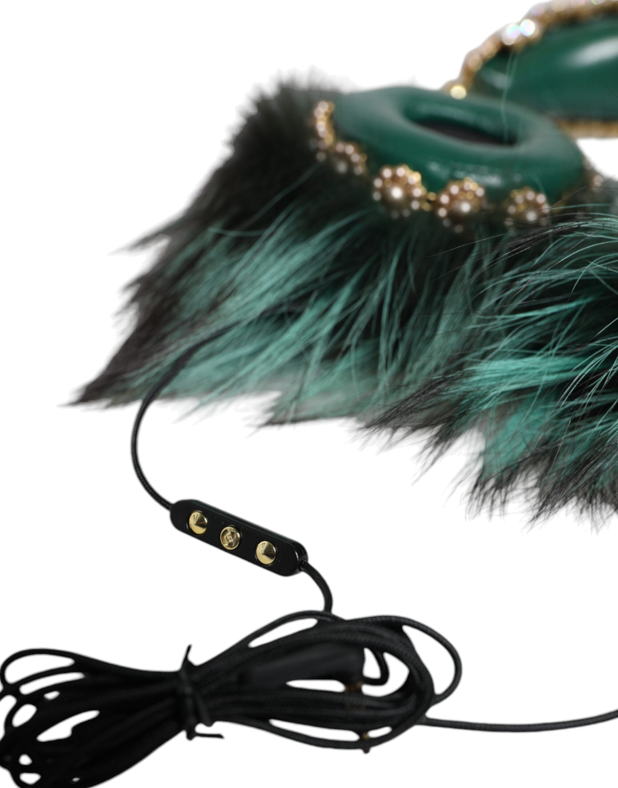 Dolce & Gabbana Green Gold Crystal Fur Headset Audio AUX Headphones Dolce & Gabbana